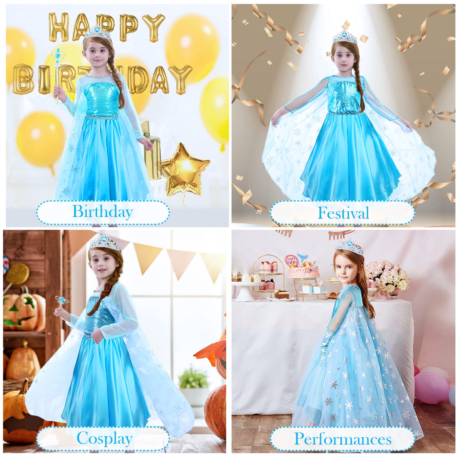 URAQT Kostium Elsa, Kostium Księżniczka Dziewczyna z akcesoriami do Cosplay, Księżniczka Elsa z błyszczącym płaszczem płatków śniegu, Kostium Dziewczyna na Halloween Cosplay Urodziny Karnawał, 120cm