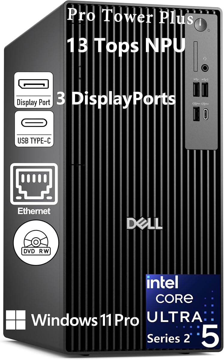 Computadora de escritorio Pro Tower Plus QBT1250, Intel Core Ultra 5 235, 32 GB DDR5 | SSD PCIe de 1 TB, DVDRW, compatibilidad con 3 monitores, Ethernet, Win 11 Pro, AI Boost, preparado para Office Education