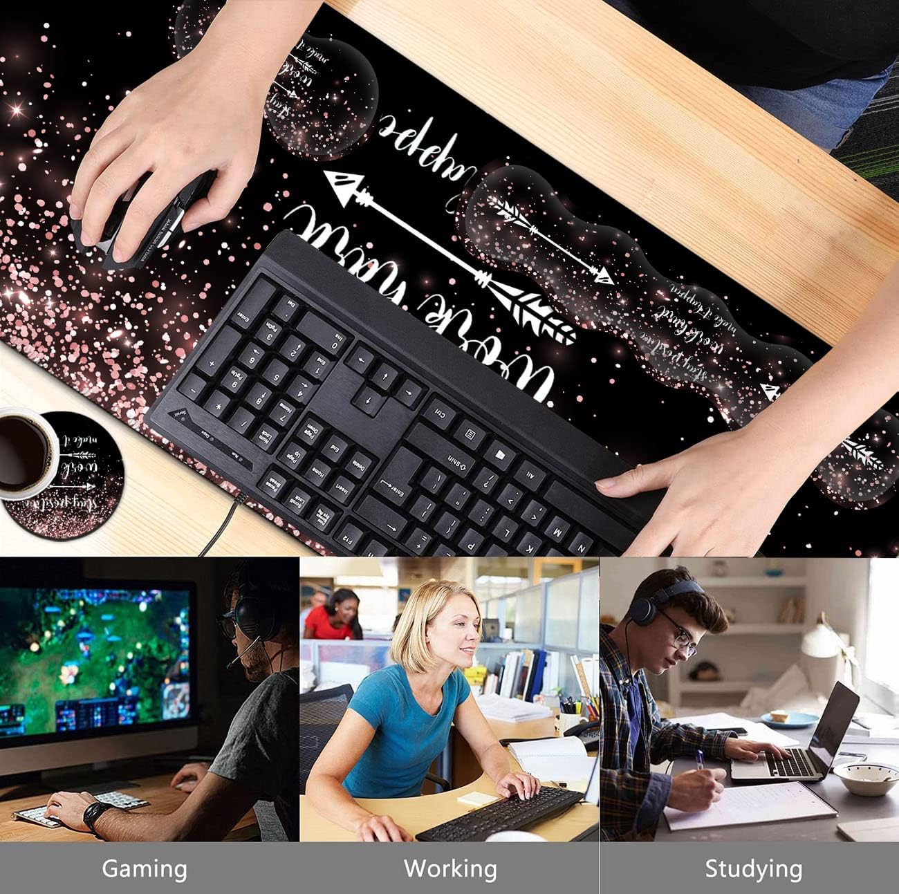 Large Gaming Mouse Pad Memory Foam Keyboard Wrist Rest,Extended Office Desk Mat,Office Desk Pad with Stitched Edges,Laptop Desk Table Protector Rose Gold Glitter Inspirational Quotes Black Writing Mat