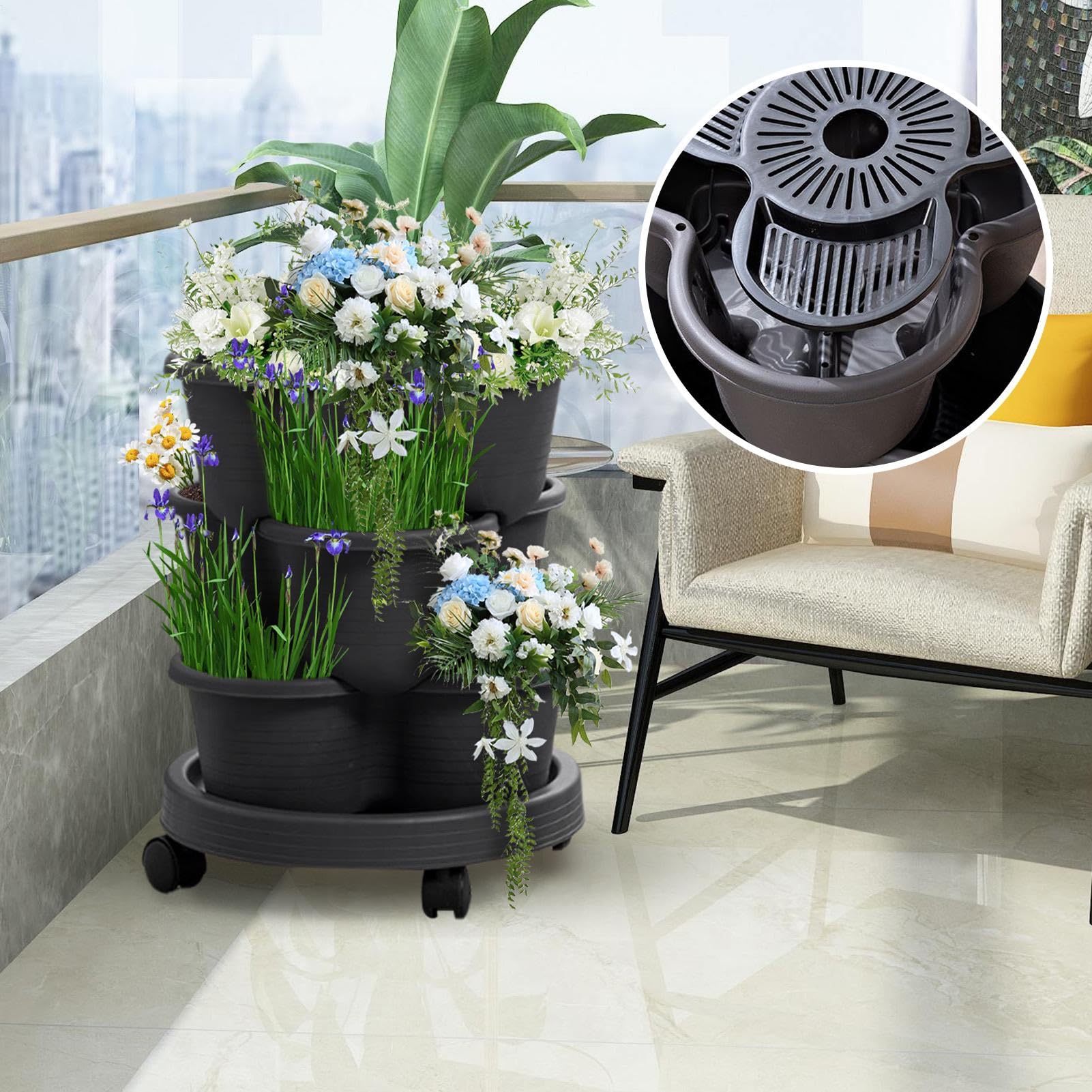 Jardinière Vertical empilable avec Soucoupe inférieure - jardinière d'empilement de Jardin, pottaine de Tour de Fraises pour Fleurs légumes Pommes de Terre succulentes pour intérieur extérieur