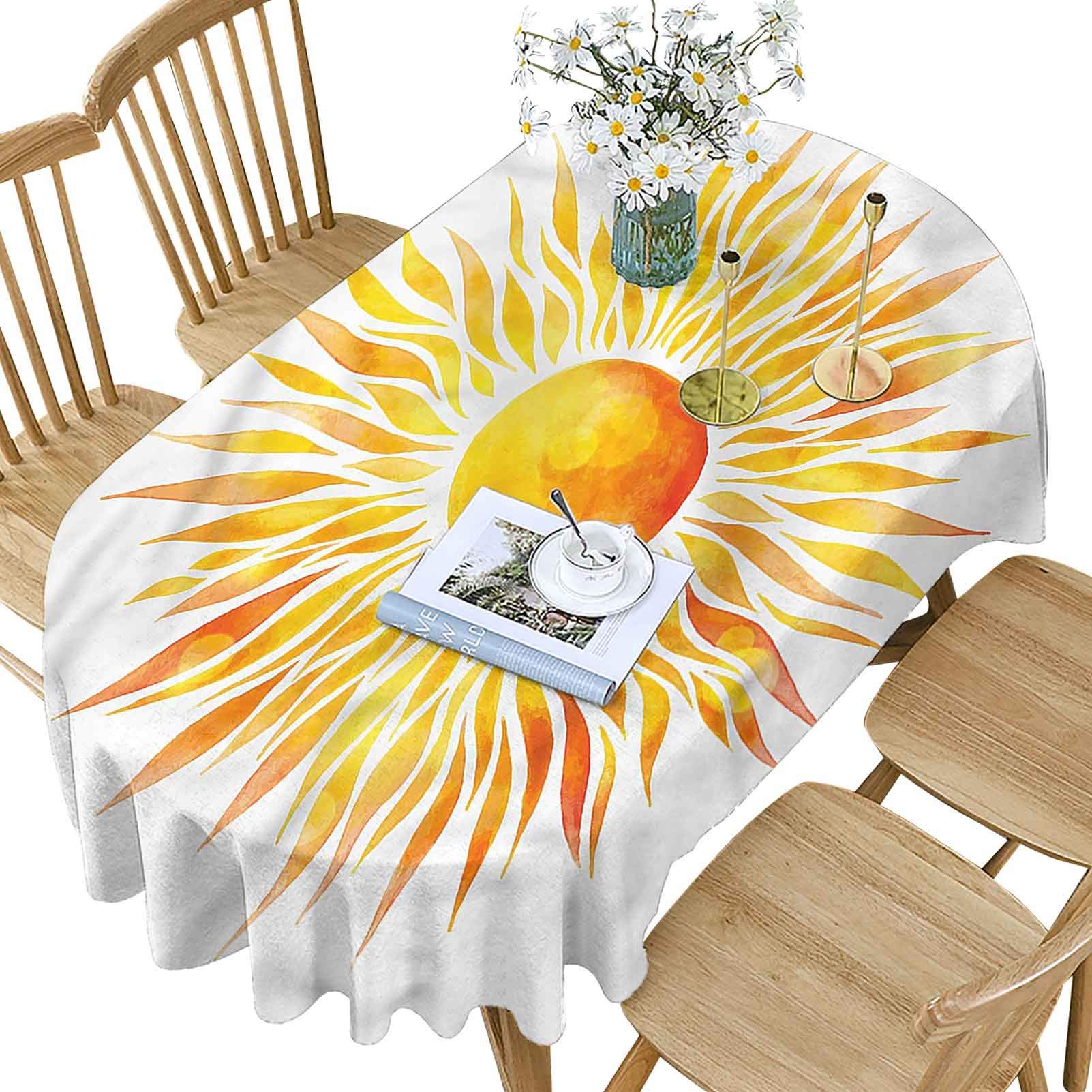 Hiiiman Orange Polyester Oval Tablecloth,Graphic Sunburst Watercolors Pattern Printed Washable Table Cloth Cover,60x84 Inch Oval,for Kitchen Dinning Tabletop Decoration