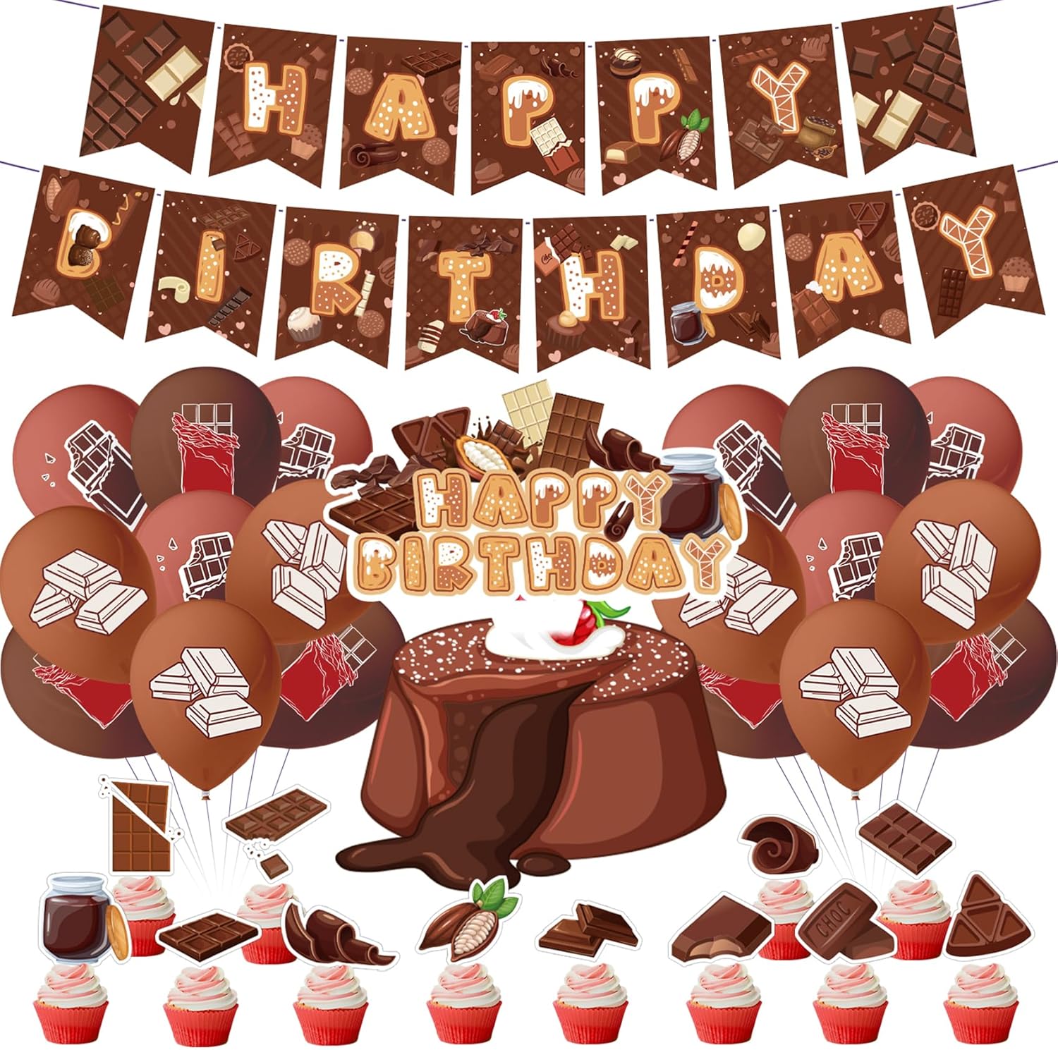 Chocolate Party Decorations Chocolate Birthday Party Supplies Includes HAPPY BIRTHDAY Banner Cake Topper Cupcake Toppers Balloons for Chocolate Birthday Decorations