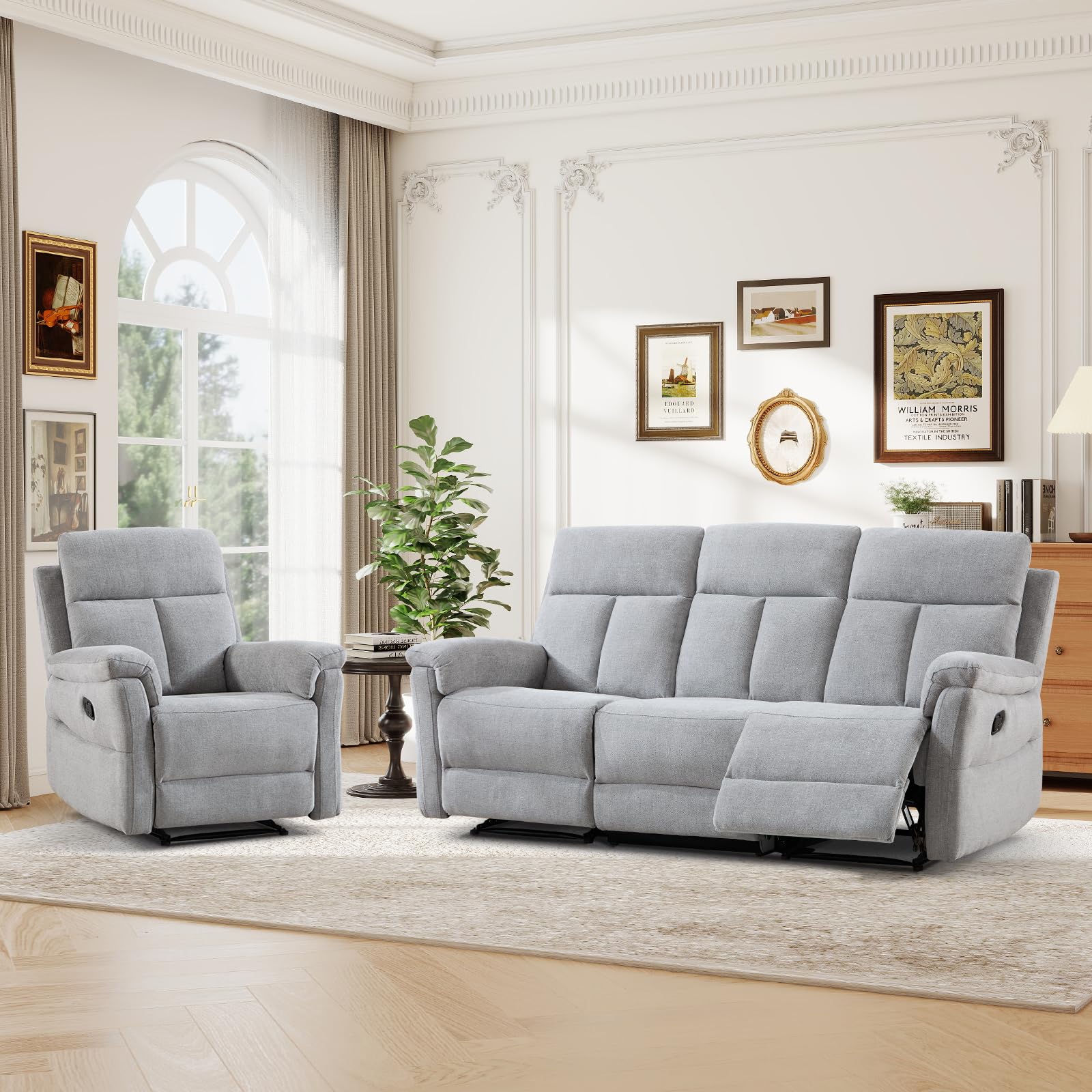 ANJ 2-Piece Manual Recliner Sofa Set, Recliner Chair and 3 Seat Reclining Sofa with Overstuffed Backrest and Supportive Backrest, Fabric Reclining Couch Set for Living Room, Silver