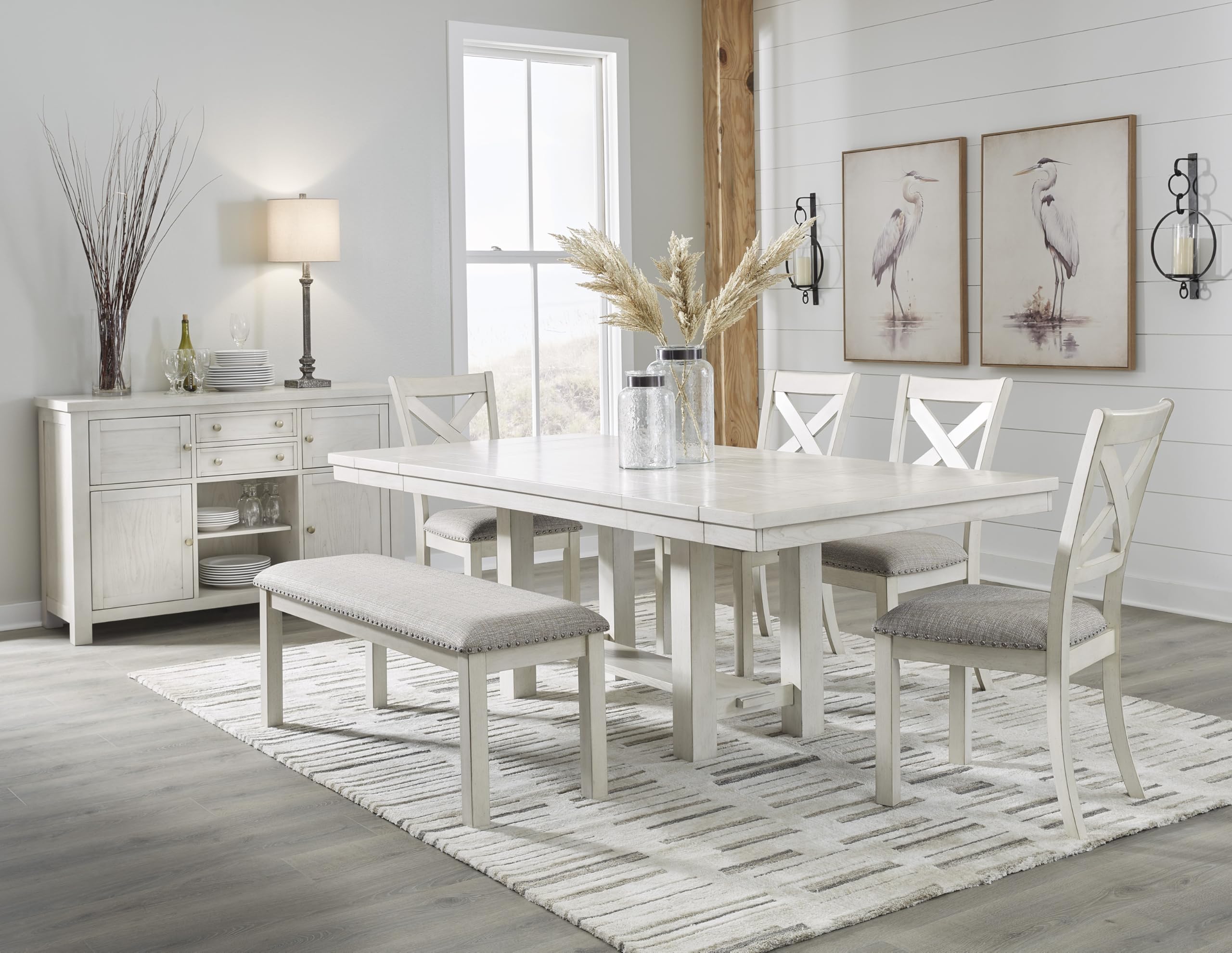 Signature Design by Ashley 48" Upholstered Dining Bench, Antique White | Solid wood frame with textured grain, Light gray polyester upholstered seat with nailhead trim, Seats 2, Robbinsdale