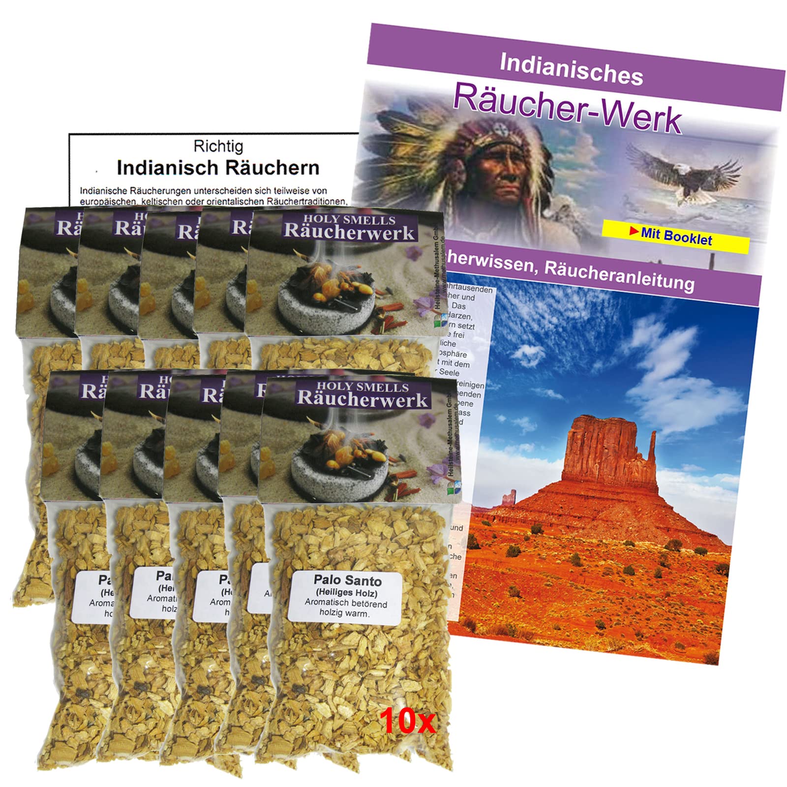 Palo-Santo Räucherholz Holz Granulat zum räuchern 10x 60ml Räucherwerk für Rauhnächte + Schutz + Hausreinigung + Meditation. Mit Räucheranleitung, Beschreibung Indianisches Räucherwissen. 81053-4