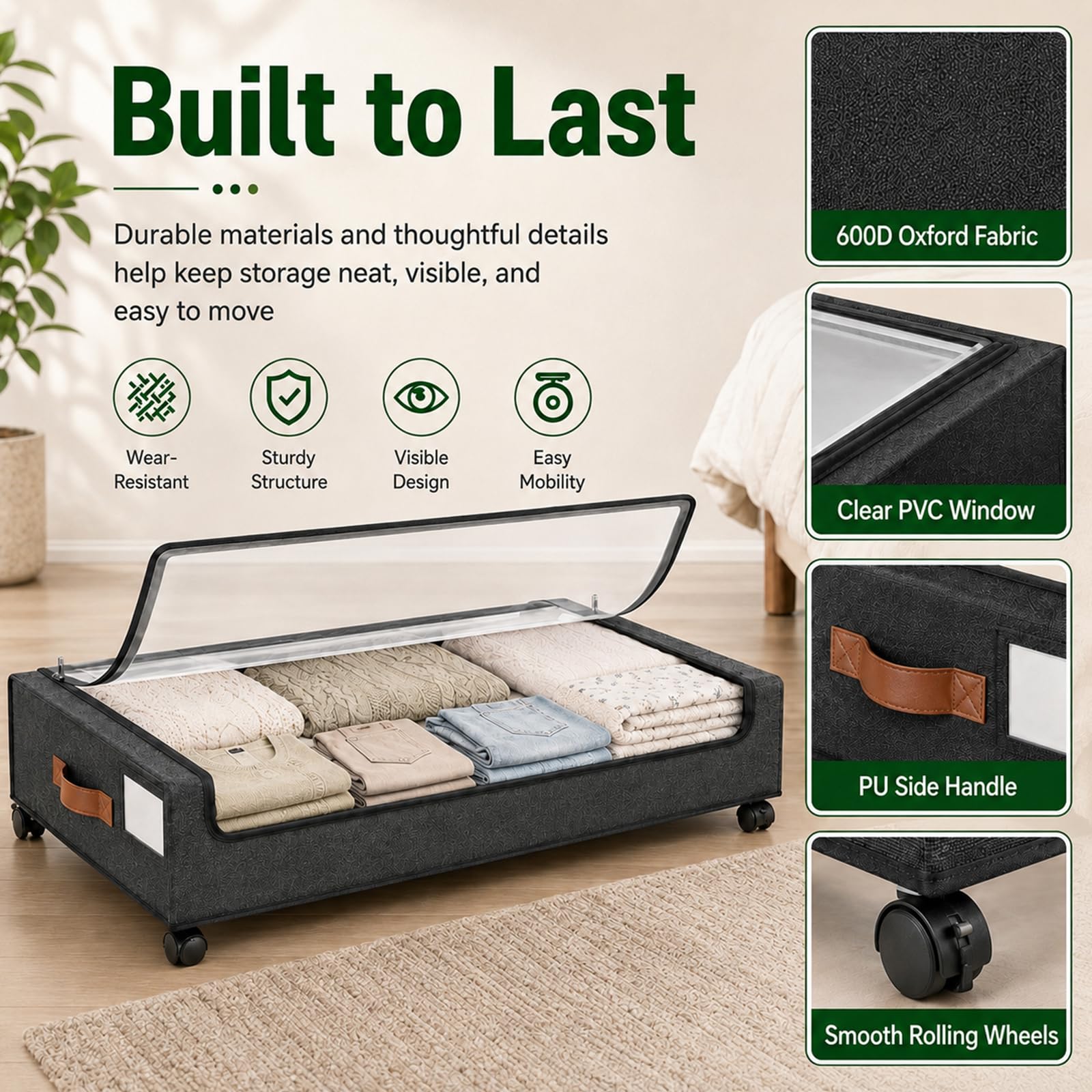 AKOLAFE Lot de 2 boîtes de rangement sous le lit avec roulettes - 78 x 43 x 17 cm - Pliable avec couvercle - Poignée en polyuréthane - Gris - Pour vêtements et linge de lit