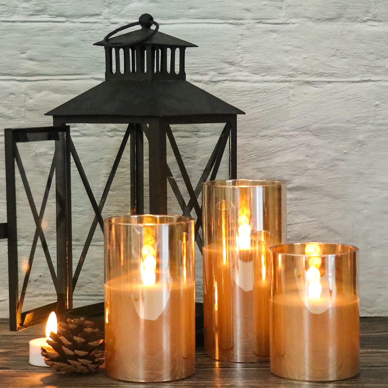 Eldnacele Lot de 3 bougies en verre doré à piles avec minuteur et télécommande à 10 touches, sans flamme, LED en cire véritable, bougie à lumière chaude vacillante