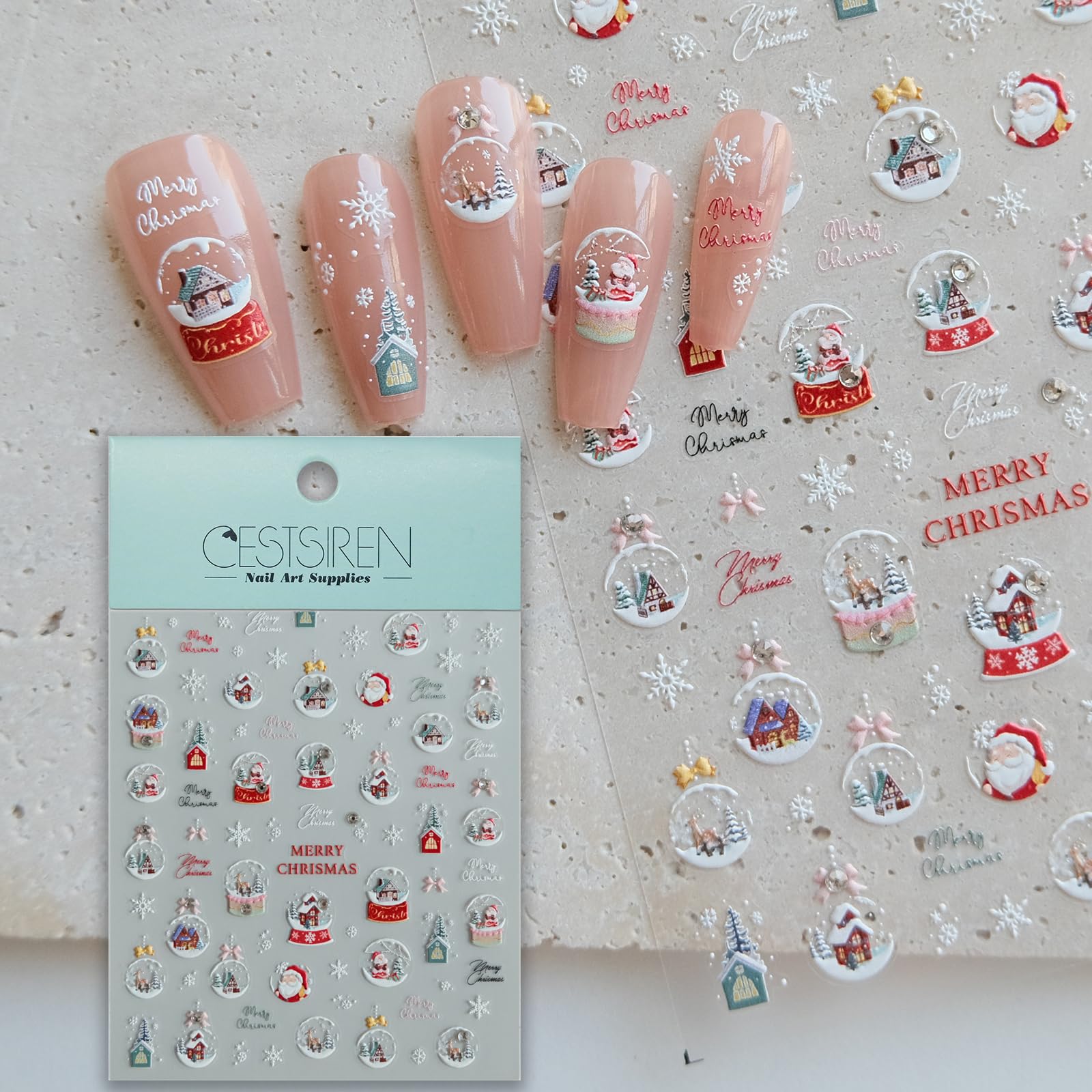 CESTSIREN Christmas Nail Art Stickers, 5D Embossed Crystal Ball Nail Decals, for Nail Art Design, Rhinestones, Self-Adhesive, Nail Accessories for Women,Aesthetic Nail Art Supplies