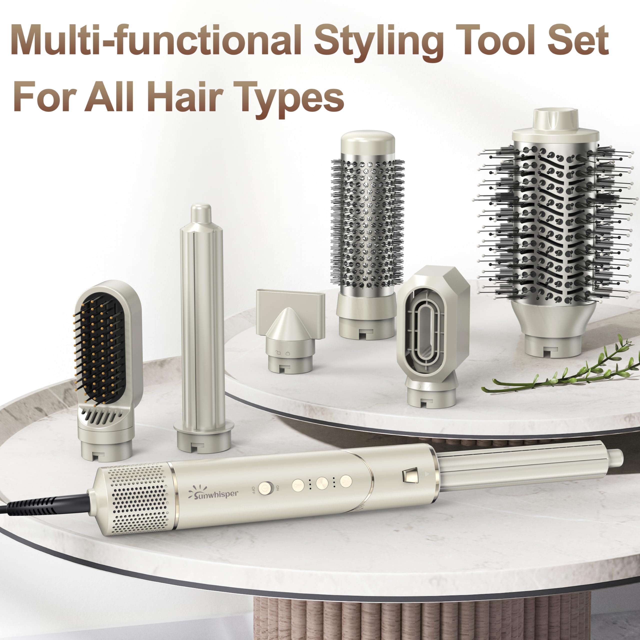 Hair Dryer Brush 7 in 1 Professional Hot Air Styler, 110,000 RPM High Speed Negative Ionic Dryer, Straightener Comb & 2 Auto Wrap Curlers, 2 Concentrator, Oval & Round Styling Brush 8