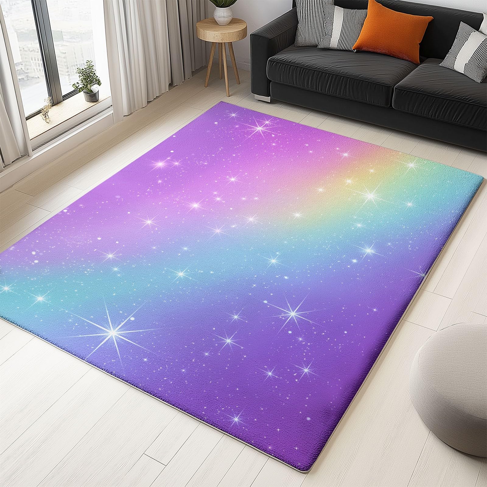 Bunt Flanell Teppich, Traumhaft Regenbogen Farbverlauf Sterne Bedruckter, Weicher Kurzflorteppiche, rutschfest und Waschbar, Bodendekoration 120 x 180 cm, Teppich für Wohnzimmer, Schlafzimmer & Büro