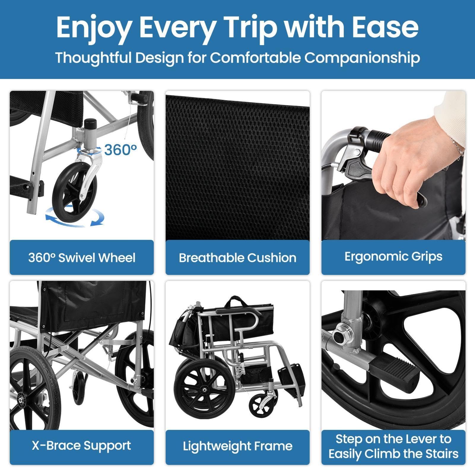 Silla de ruedas plegable ultraligera, 11 kg ruedasde viaje ultraligera | asiento de 45,5 cm, reposapiés, cinturón de seguridad, sillas de ruedas estrecha para doméstico