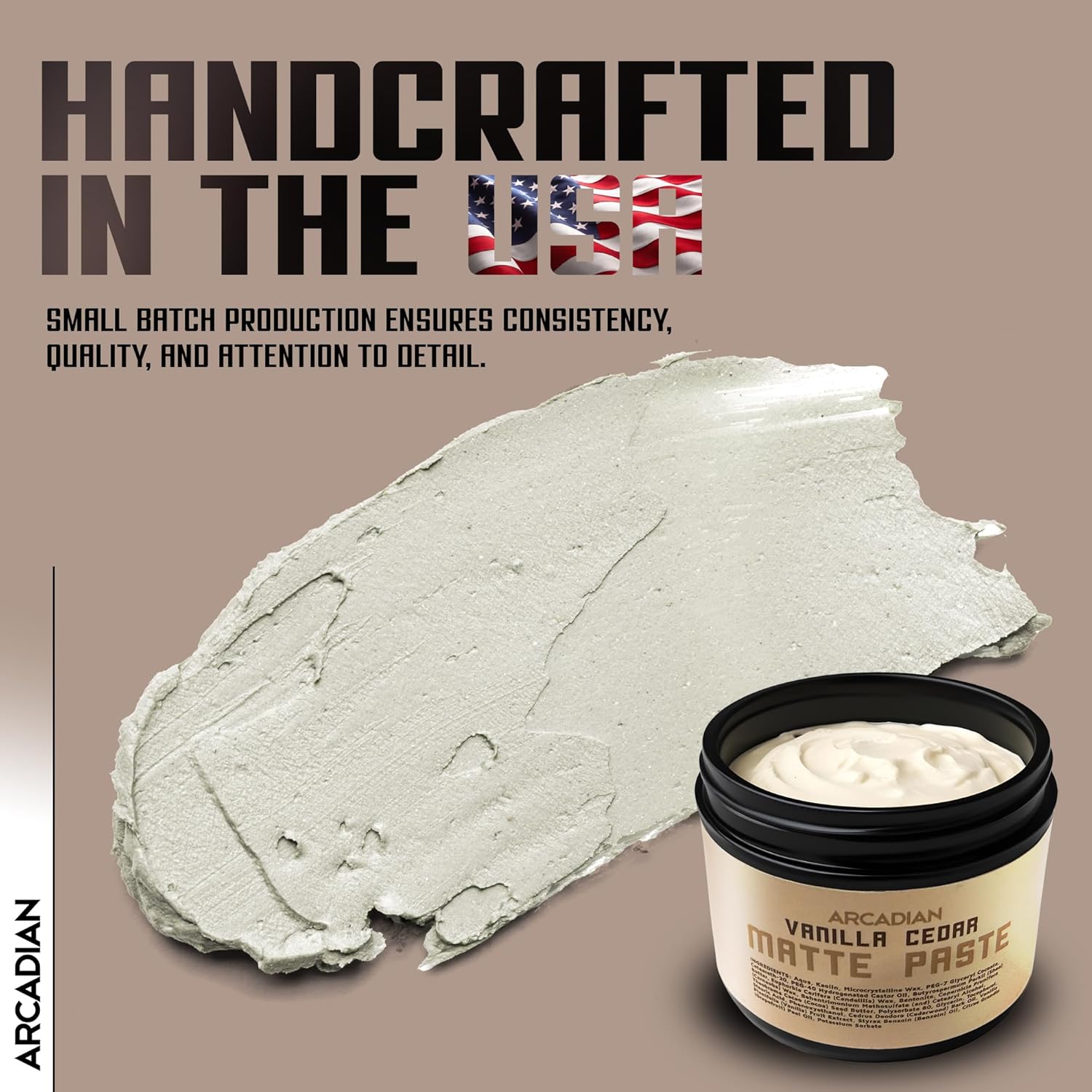 Arcadian Grooming Vanilla Cedar Matte Paste Mens Hair Styling Cream Heavy Hold Vegan Cruelty Free, 4oz
