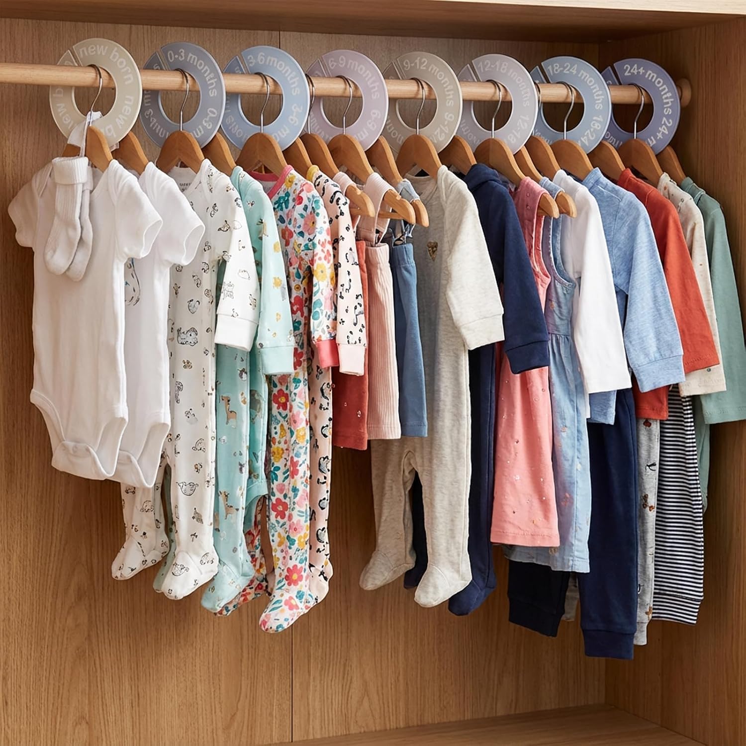 8 Pcs Round Baby Closet Dividers, Baby Clothes Organizer for 0-24 Months Clothes, Double-Sided Plastic Baby Clothes Organizer Dividers, Clothing Hanger Dividers by Months for Nursery Closet Organizer