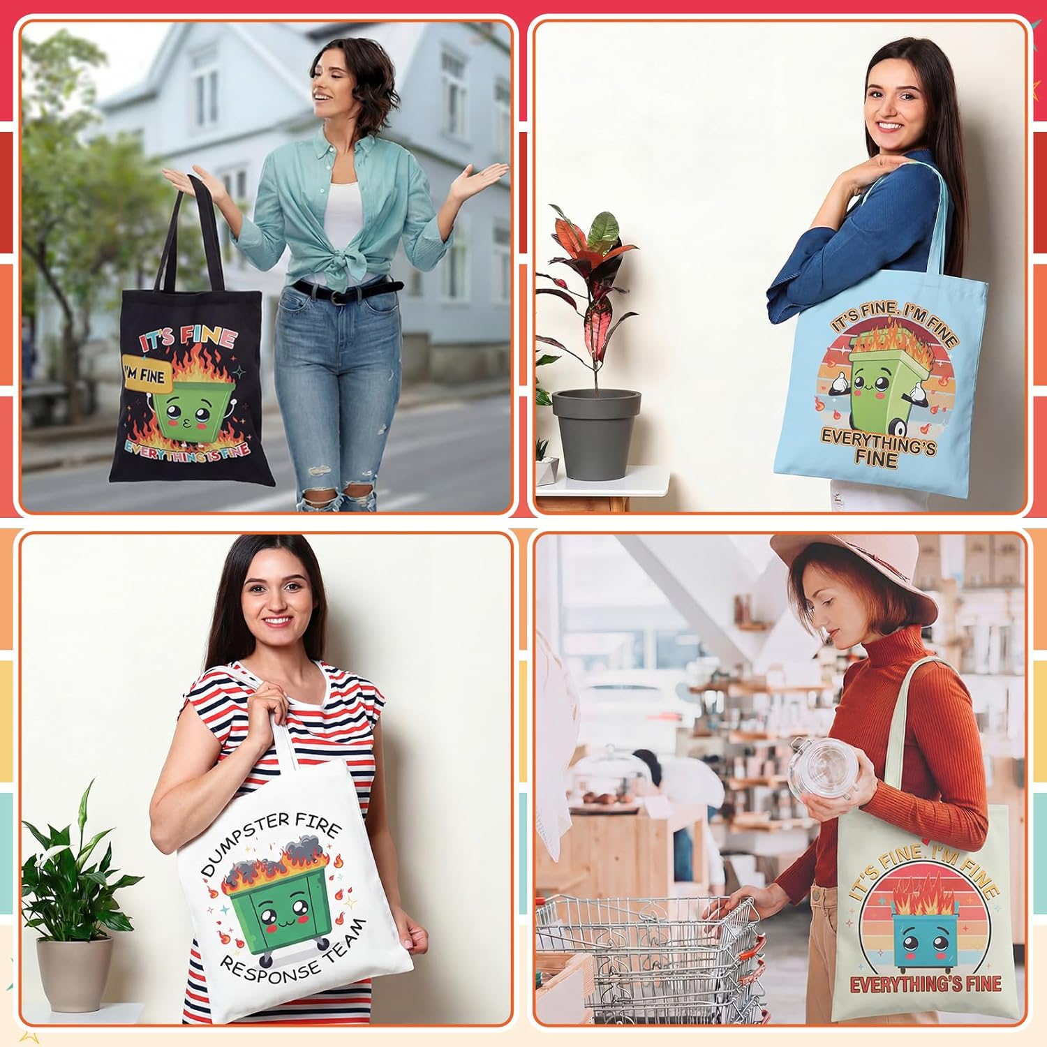 Hsei 12 Pcs Dumpster Fire Canvas Tote Bag Bulk Funny I'm Fine Everything's Fine Reusable Gift Bag Colorful Office Gift for Women Teacher Appreciation Team Nurse Birthday Coworker Employee Staff Decor