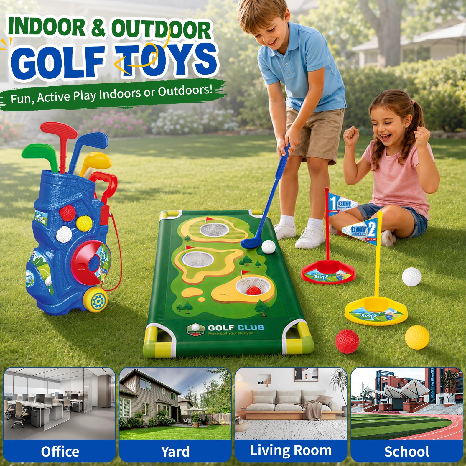 YESHIN 23PCS Minigolf Set mit Putting-Matte, Golf Cornhole-Brett, Golfwagen | Golfspiel-Set mit 4 Golfschlägern, 12 Golfbällen, Indoor Outdoor Spielzeug Geschenk für Jungen Mädchen ab 3-12 Jahren