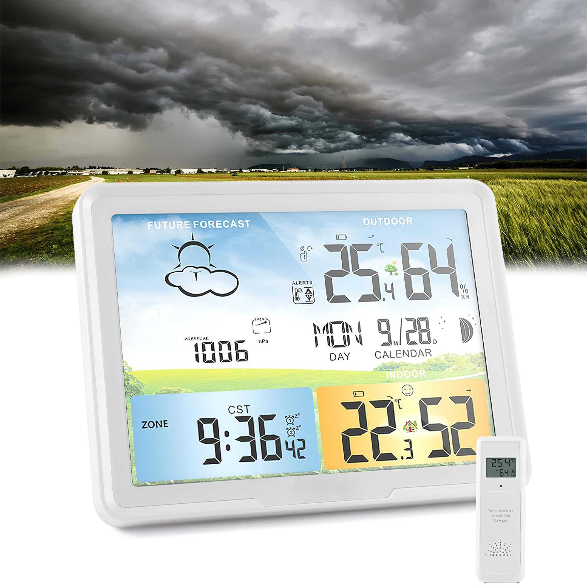 TAUDI Smart Wireless Digital Weather Station with Humidity Meter and Room Temperature Meter, Indoor/Outdoor Thermometer Hygrometer Clock, Home Wall or Desk Mounted Weather Monitoring Device