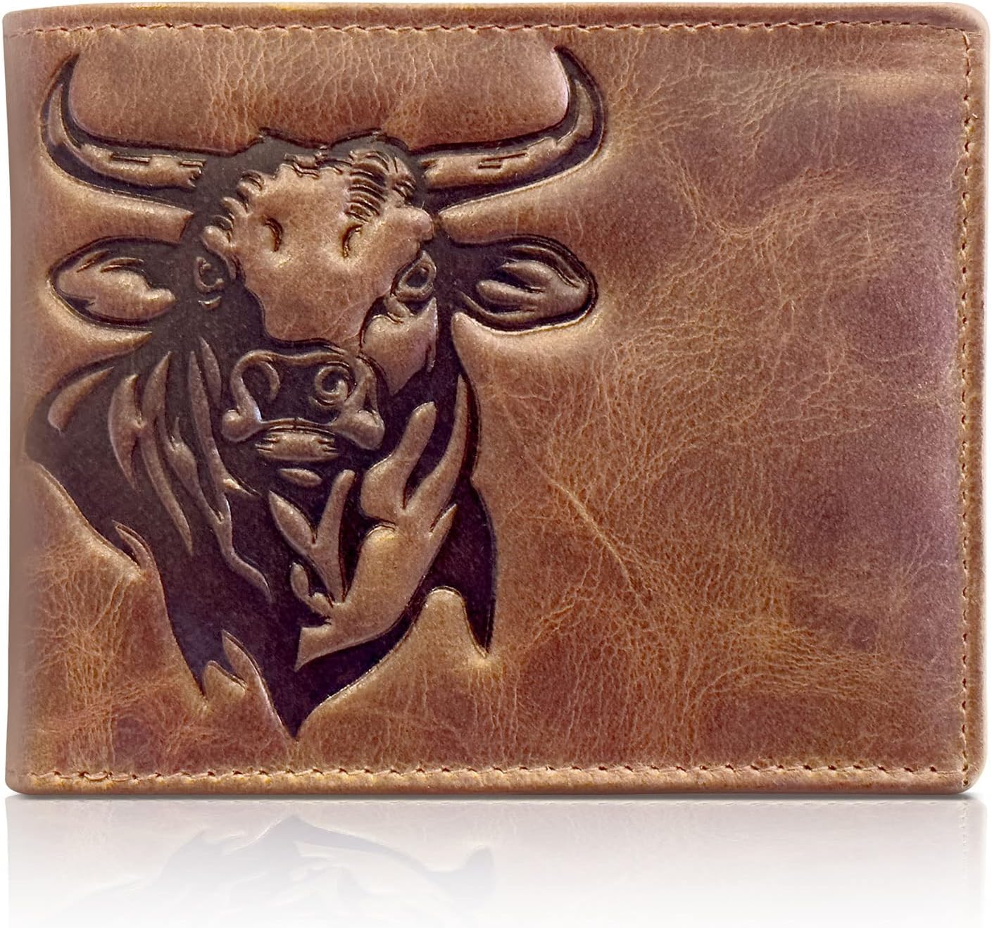 Western Wallet for Men – Cowboy Rodeo Bull Bifold – Full Grain Leather RFID Blocking Slim Wallet with Card Slots & ID Window – Durable Western Gift for Ranchers, Outdoorsmen & Rodeo Fans