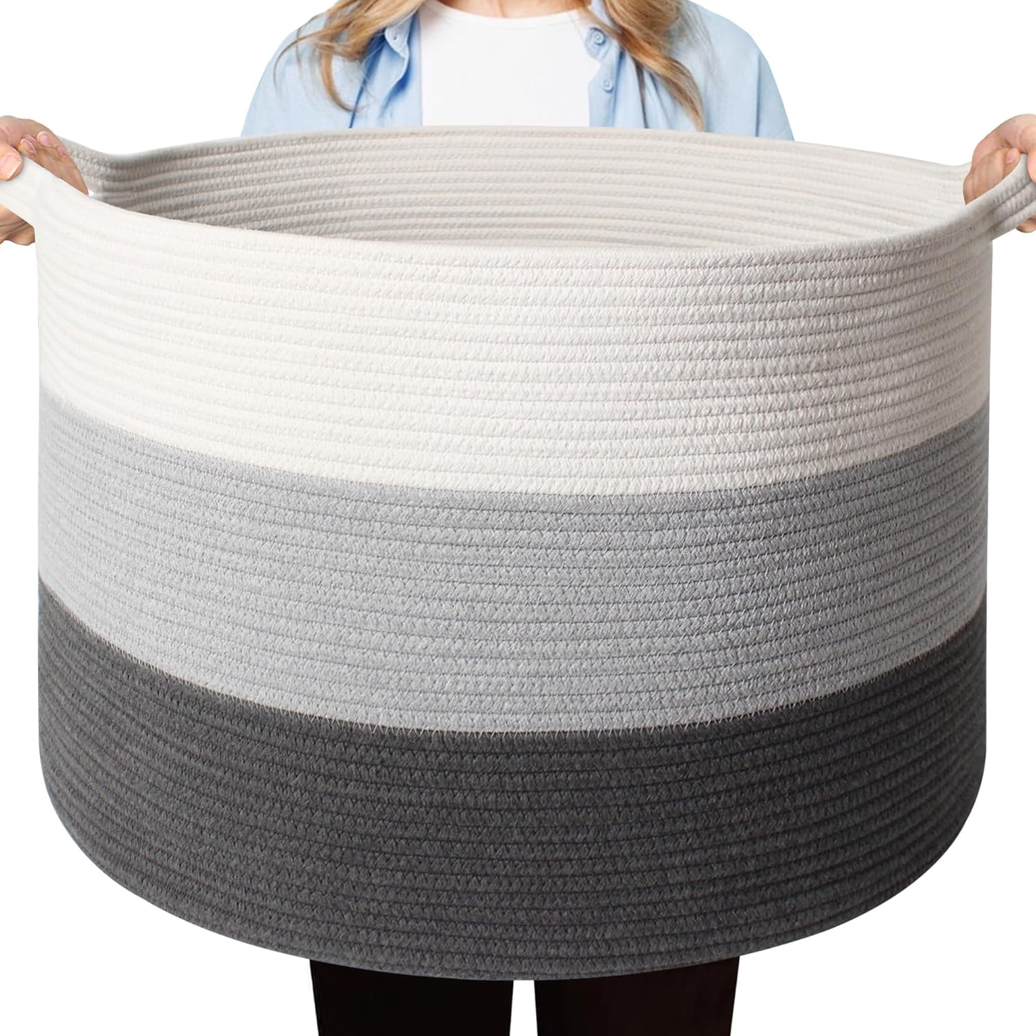 Extra Large Blanket Basket - Cotton Rope Basket for Storage, Blanket Storage for Living Room, Round Kid Dog Toy Bin Box, Large Woven Throw Pillow Holder Organizer, Towel Shoe Bin(22"x14")