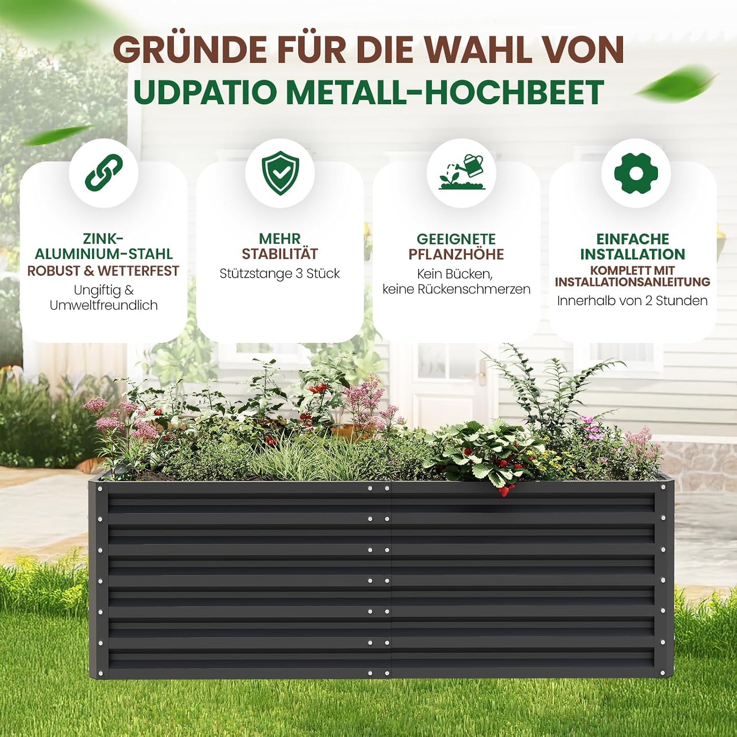 UDPATIO Hochbeet aus Metall,180x60x90 cm, Zink-Aluminium Freistehendes Hochbeete für Garten und Balkon, 970 L Pflanzkasten für Garten, zum Anbau von Gemüse, Blumen und Obst, Grauschwarz