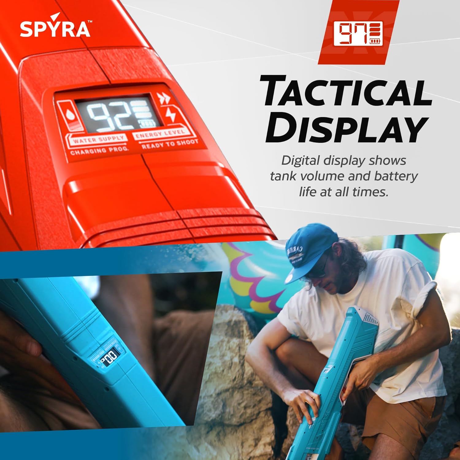 SPYRA 2 Pack Electric Water Blaster with LED Display, 50 Foot Range, and 3 Modes for Backyard, Beach and Outdoor Pool Activities, SpyraThree, Red