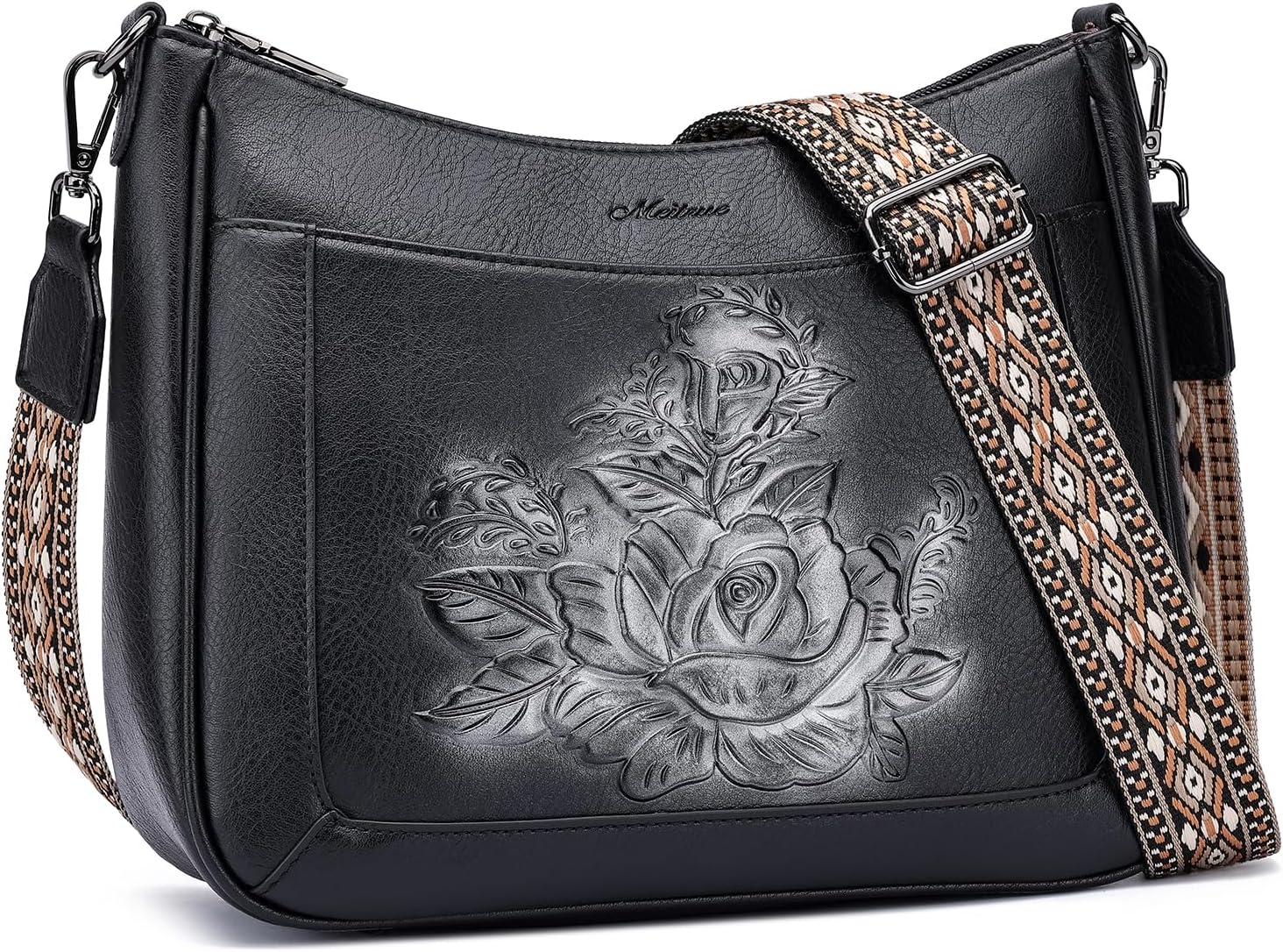 MEITRUE Crossbody Bags for Women,Rose Embossed Vegan Leather Medium Hobo Purse with Strap Travel Shoulder Handbag