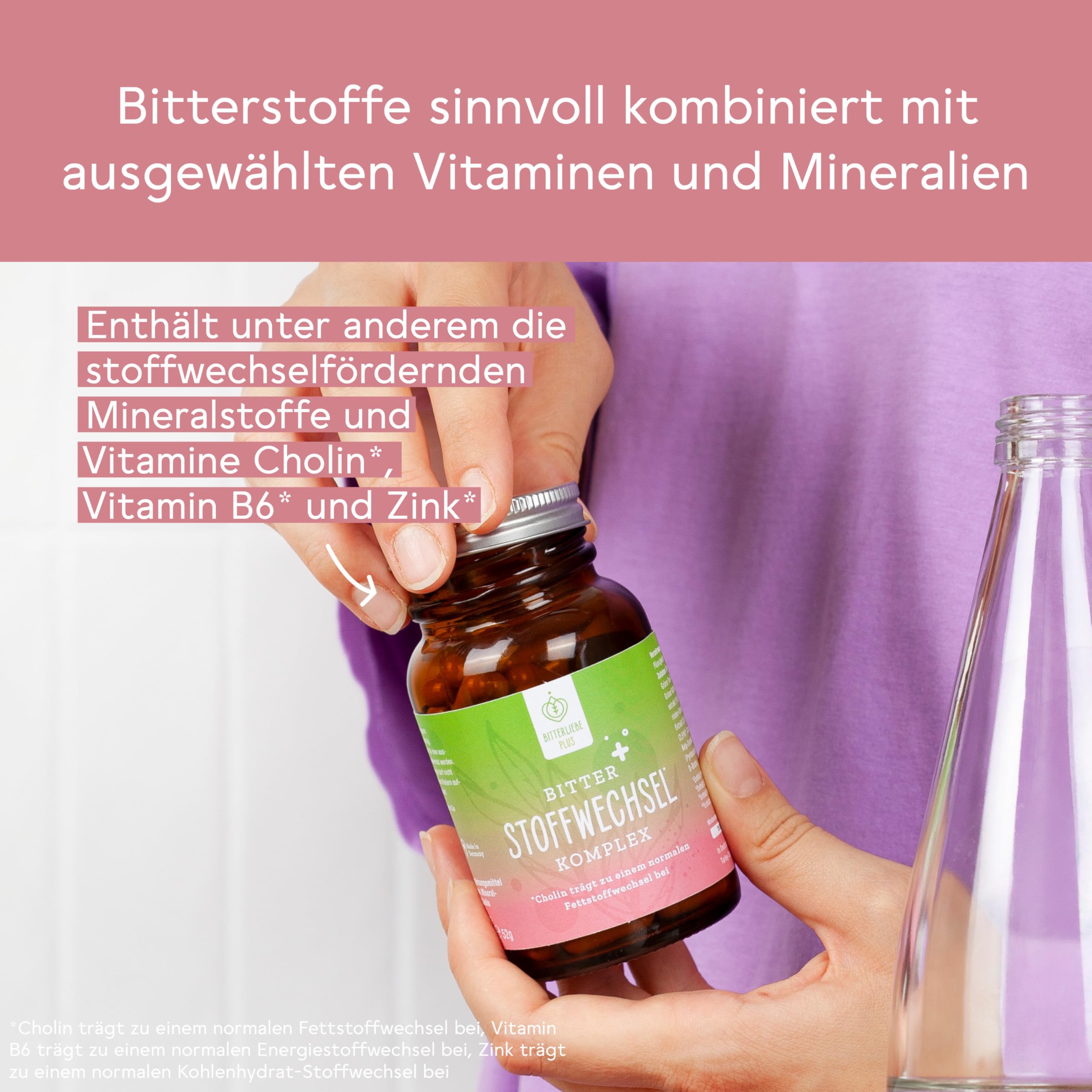 BitterLiebe® Bitter Stoffwechsel * Komplex - 90 hochdosierte Kapseln mit Cholin, Zink, Vitaminen & Bitterstoffen - Für einen normalen Fett- und Energiestoffwechsel *- Vegan & Made in Germany