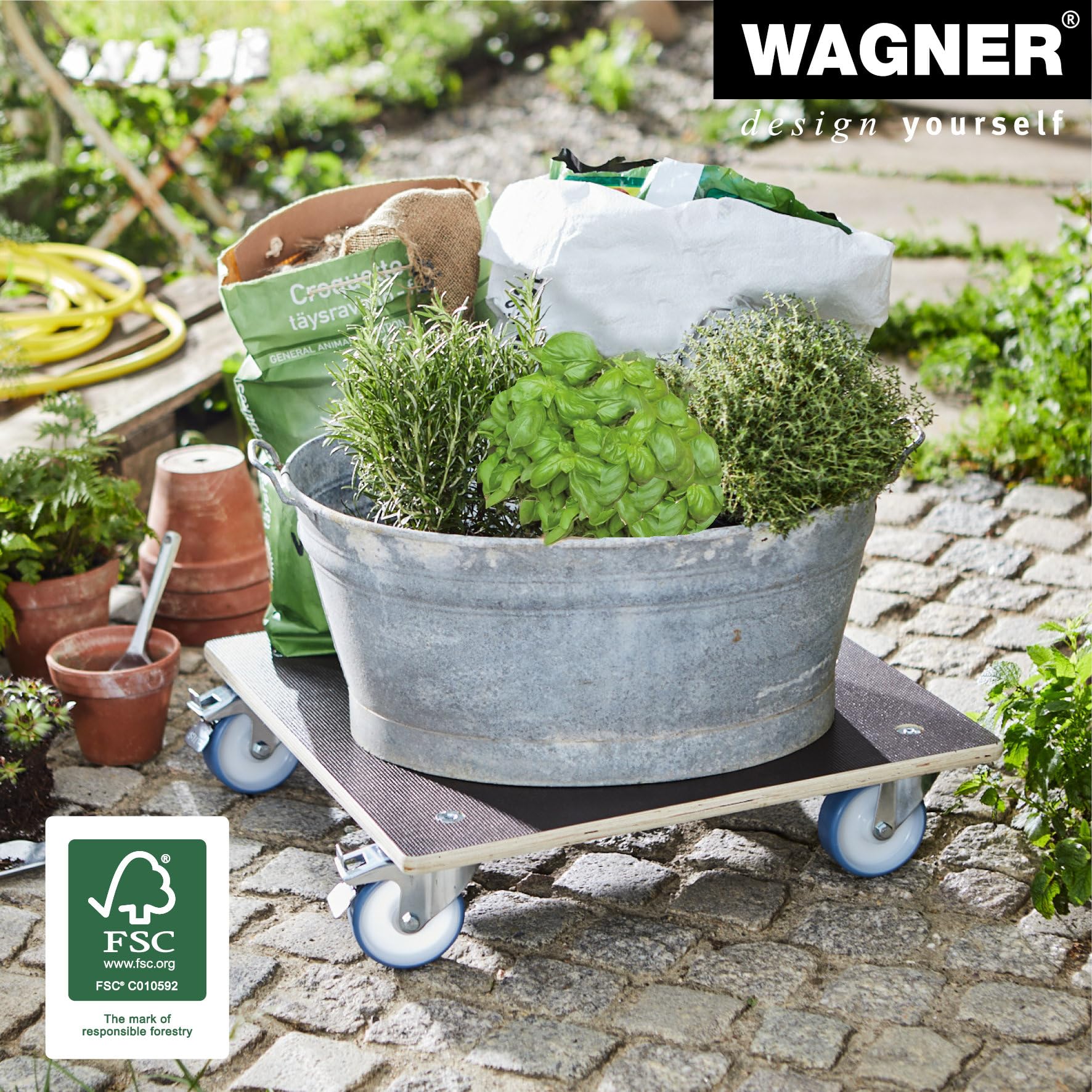 WAGNER Support à roulettes pour Pot de Fleur Maxigrip 58 x 58 x 14,5 cm I intérieur + extérieur I Roule Pot en Bois certifié FSC® I 2 Freins I Capacité de Charge 300 kg I Made in Germany - 20135801