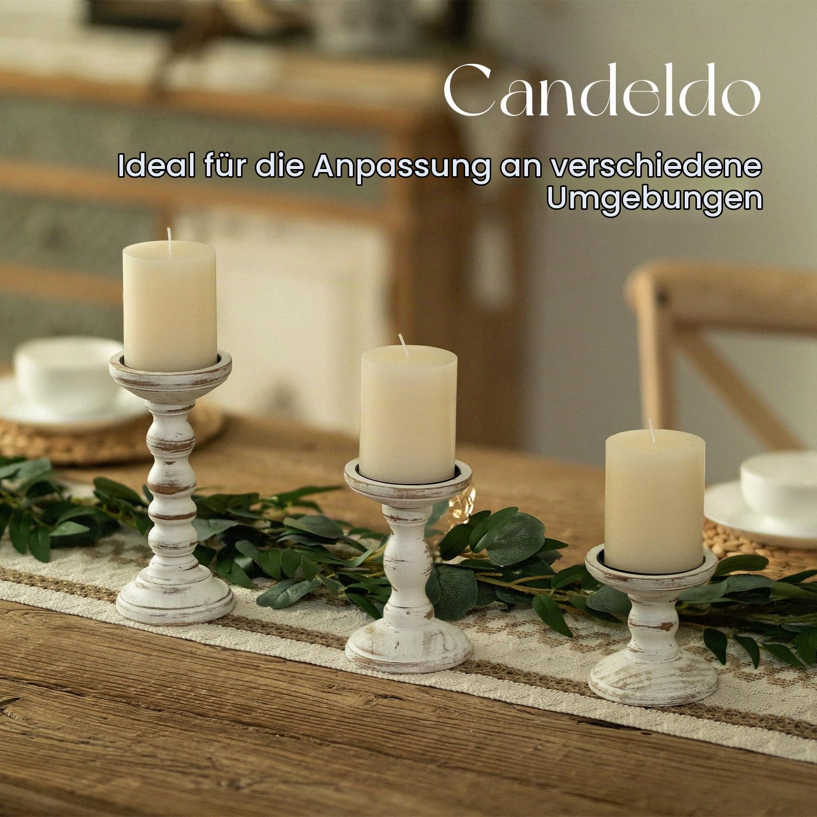 Candeldo Kerzenständer Holz Vintage Deko: 3 Stück Kerzenhalter Stumpenkerzen Wohnzimmer Tischdeko Groß Kerzenständer Dekoration Esstisch Weihnachten (braun + weiß)