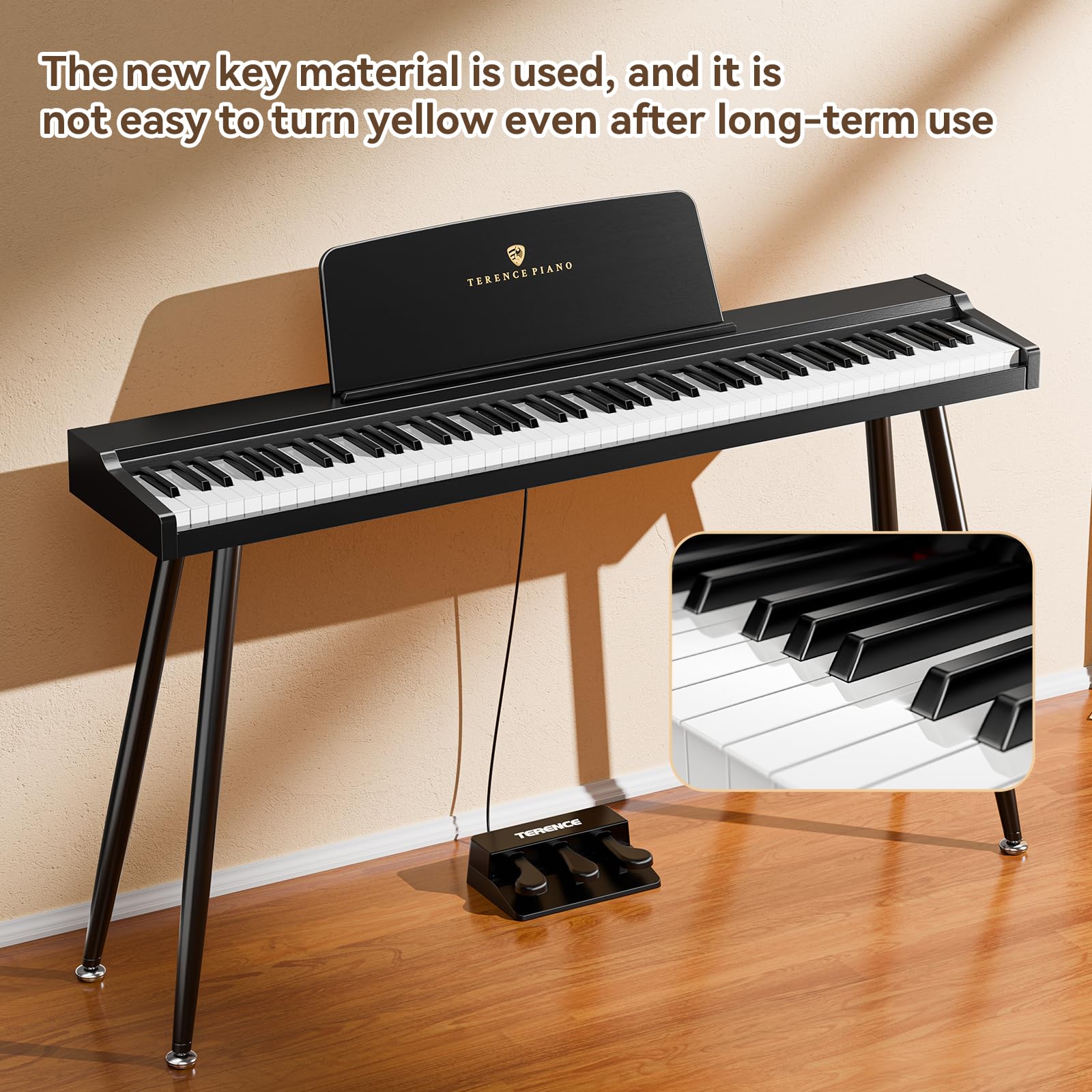 TERENCE Pianoforte digitale a 88 tasti, tastiera full-size, pianoforte digitale semi-pesato, 128 suoni per principianti e professionisti, connessione MIDI, connessione cuffie e tre pedali