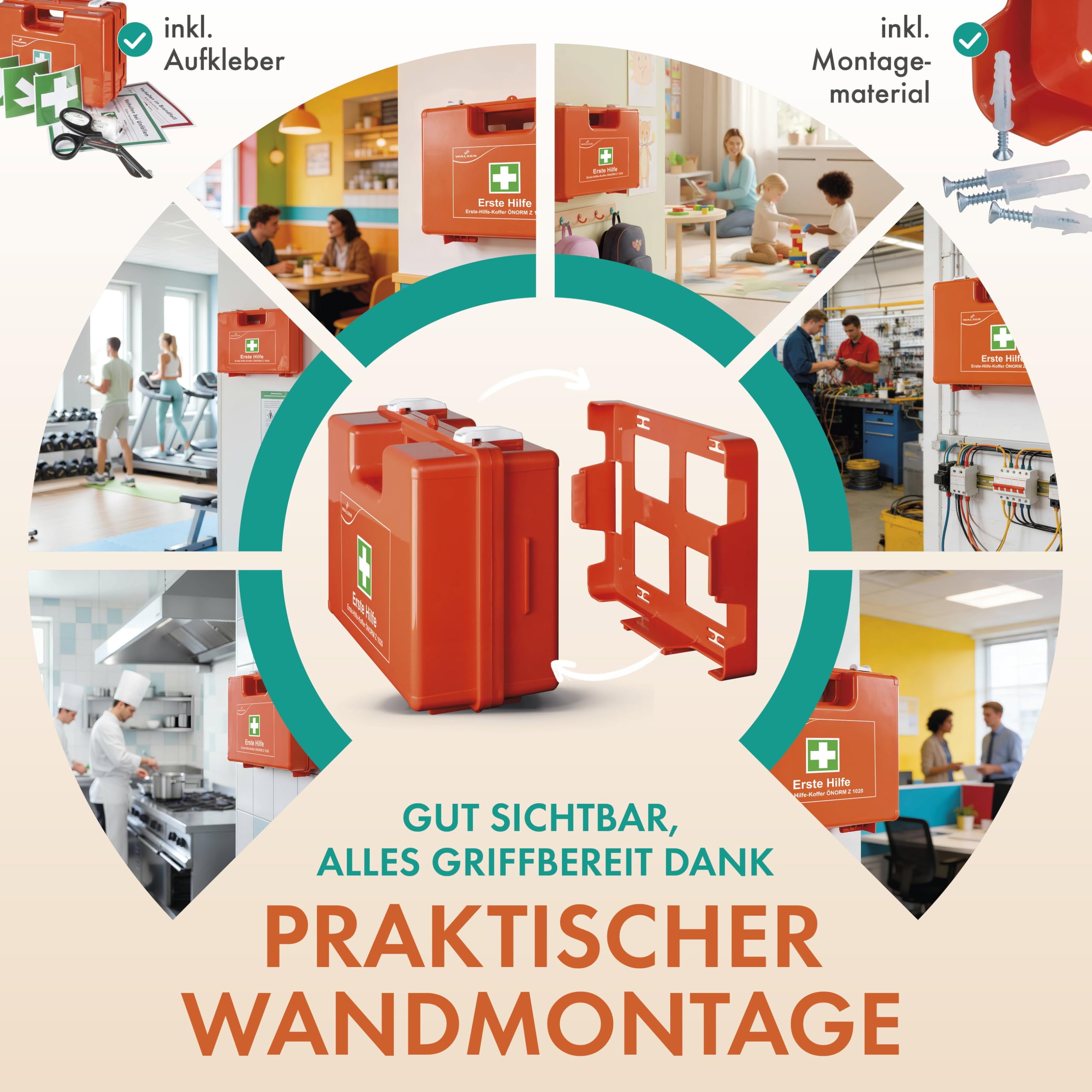 WALSER Kit di pronto soccorso Ö-Norm Z1020:2025, Cassetta aziendale 2026 incl. supporto a parete, Kit sanitario 66 pezzi per aziende, cantieri, ufficio e casa