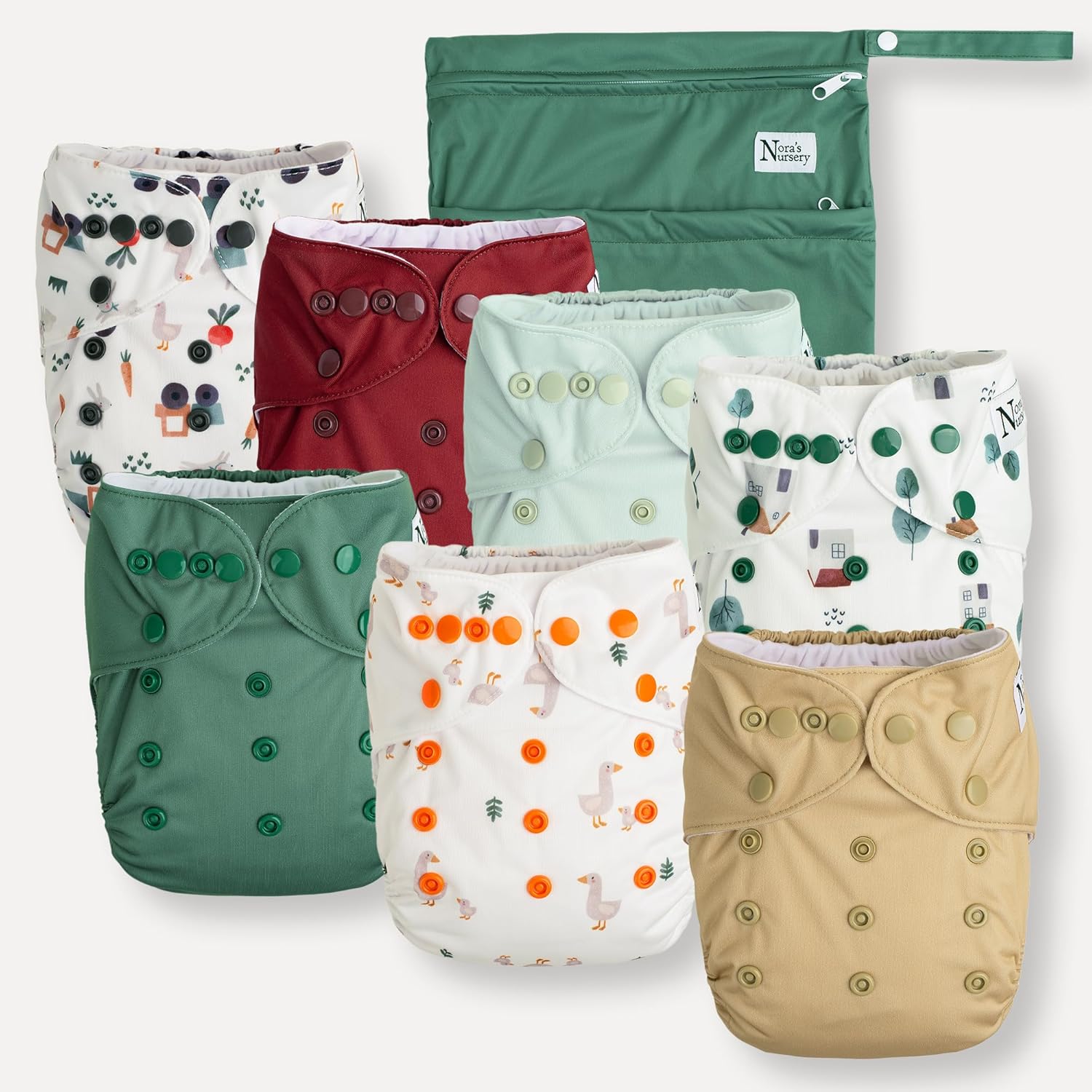 Nora's Nursery Cloth Diapers 7 Pack with 7 Bamboo Inserts & 1 Wet Bag