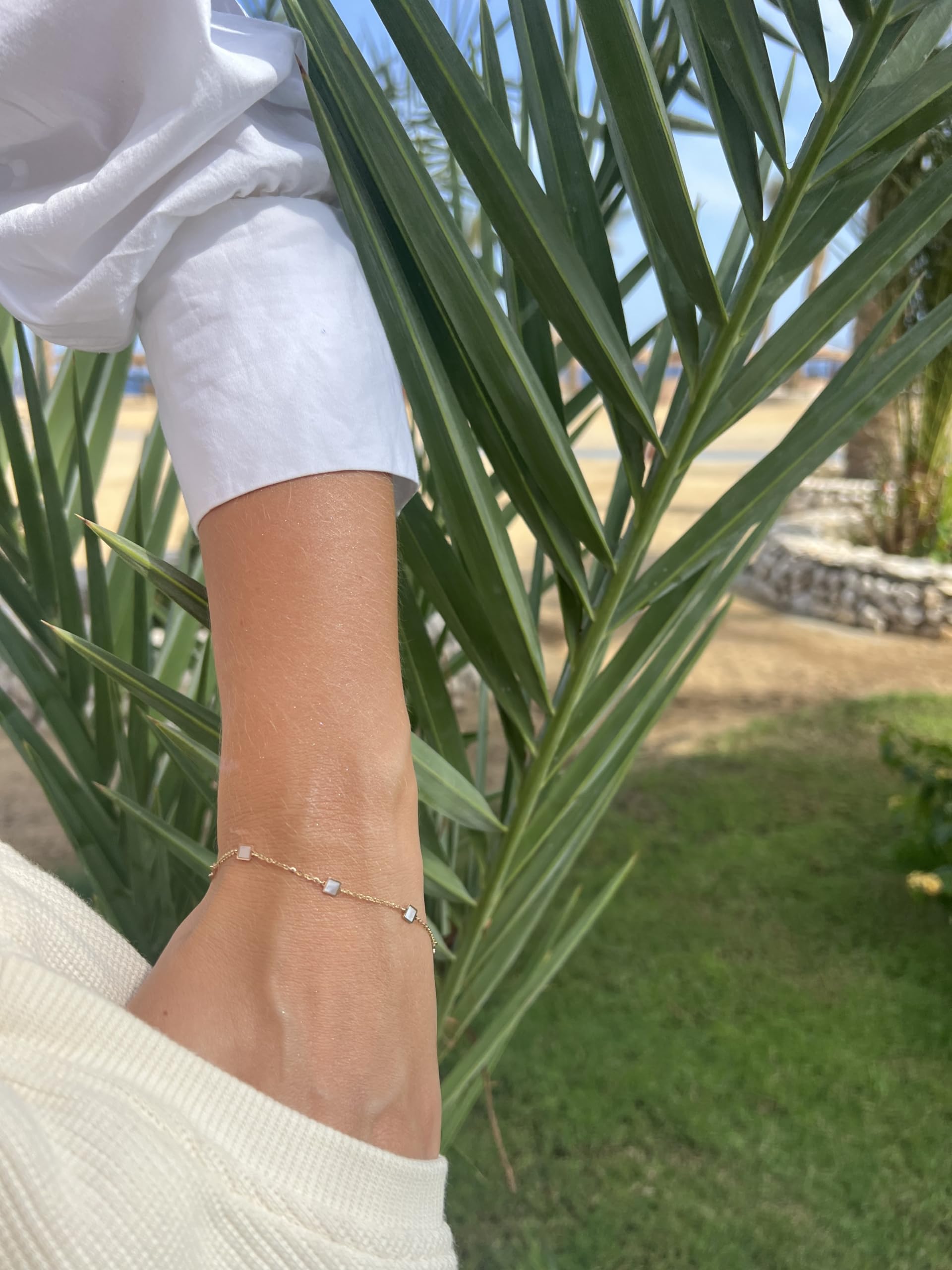 Rodium - Goldkette set mit Perlmutt-Quadrate, Einstellbar, 14 Karat Gold/ 585er Feingehalt, Ideales Geschenke für Damen
