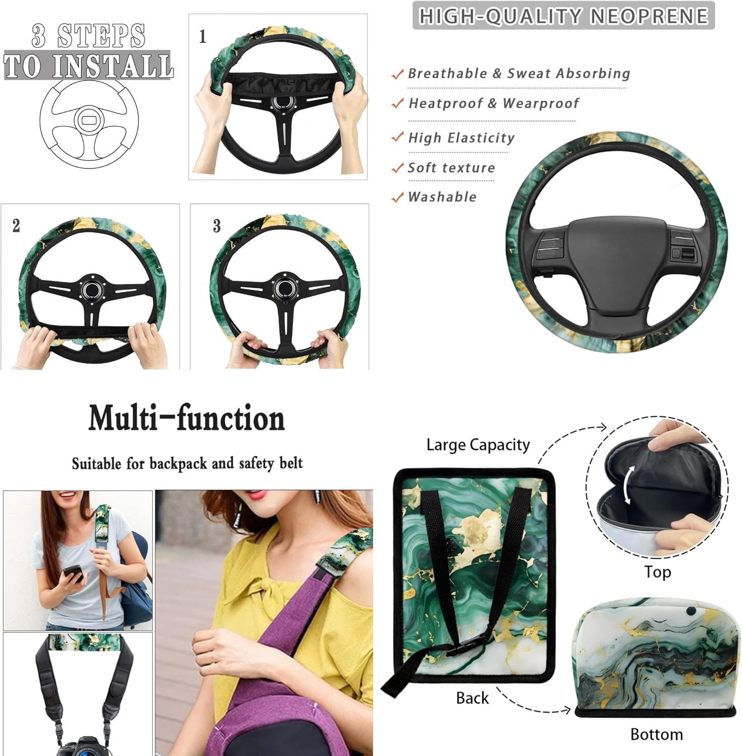 CLOHOMIN Green Marble Print Car Seat Covers 15pcs Auto Front Back Seat Cover Steering Wheel Cover Seat Belt Pads Trash Bin Car Storage Box Rearview Mirror Cover Cup Holder Keychains Wristlet Strap