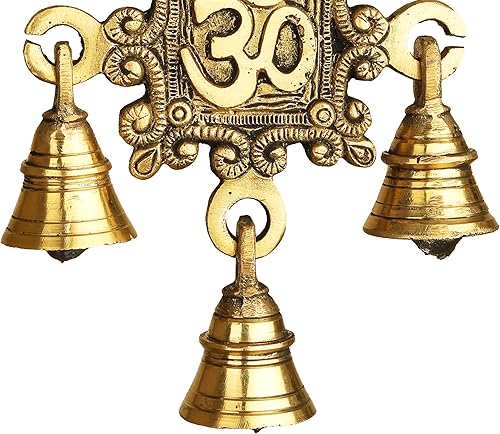 Miniatura 2 de Estatua hindú colgante de esvástica de latón con 3 campanas para uso en el hogar, estatua de ídolos hindúes con campanas colgantes, única para