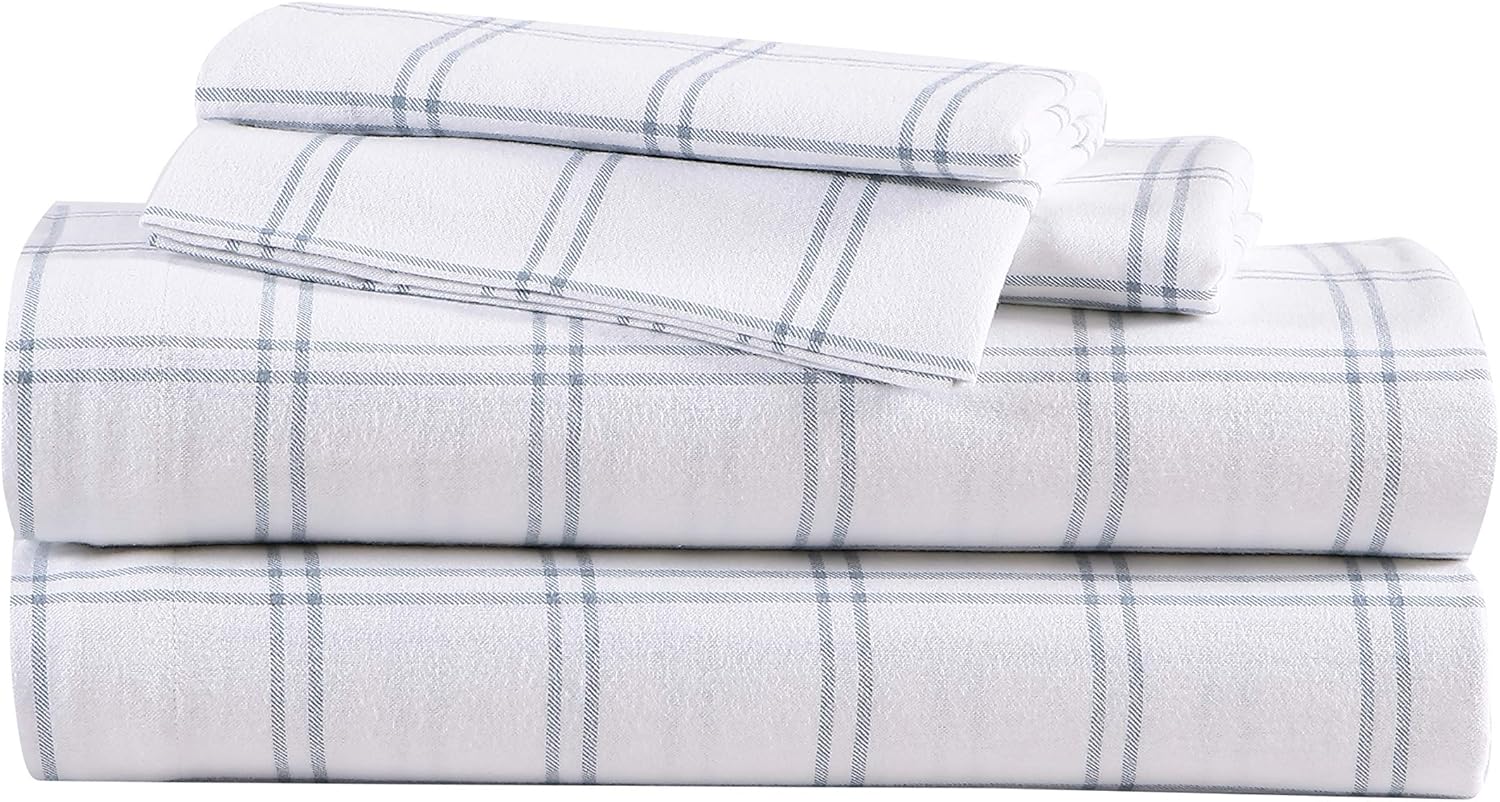Eddie Bauer - Flannel Sheets Queen Size, Anti-Pilling & Wrinkle Resistant Cotton, Touchably Soft for All-Season Comfort - Bed Sheets with Matching Pillowcases & Fitted Sheet (Westridge Plaid Blue) - Thumbnail 2