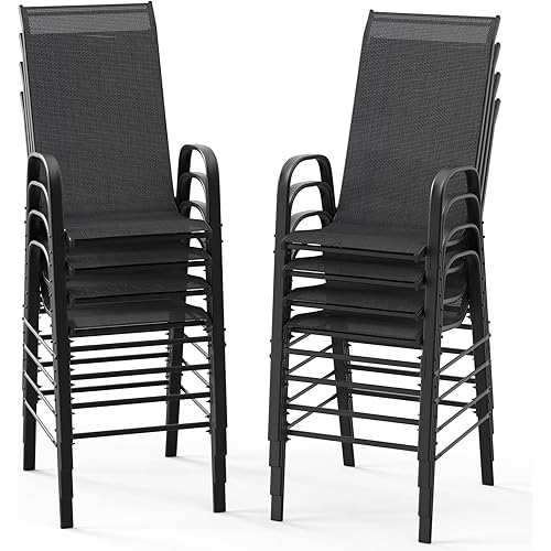 VINGLI Outdoor Bar Chairs Set of 8 – Stackable Outdoor Bar Stools with Sturdy Sling High Back and Armrests for Lawn, Courtyard, Garden, Bar, Black