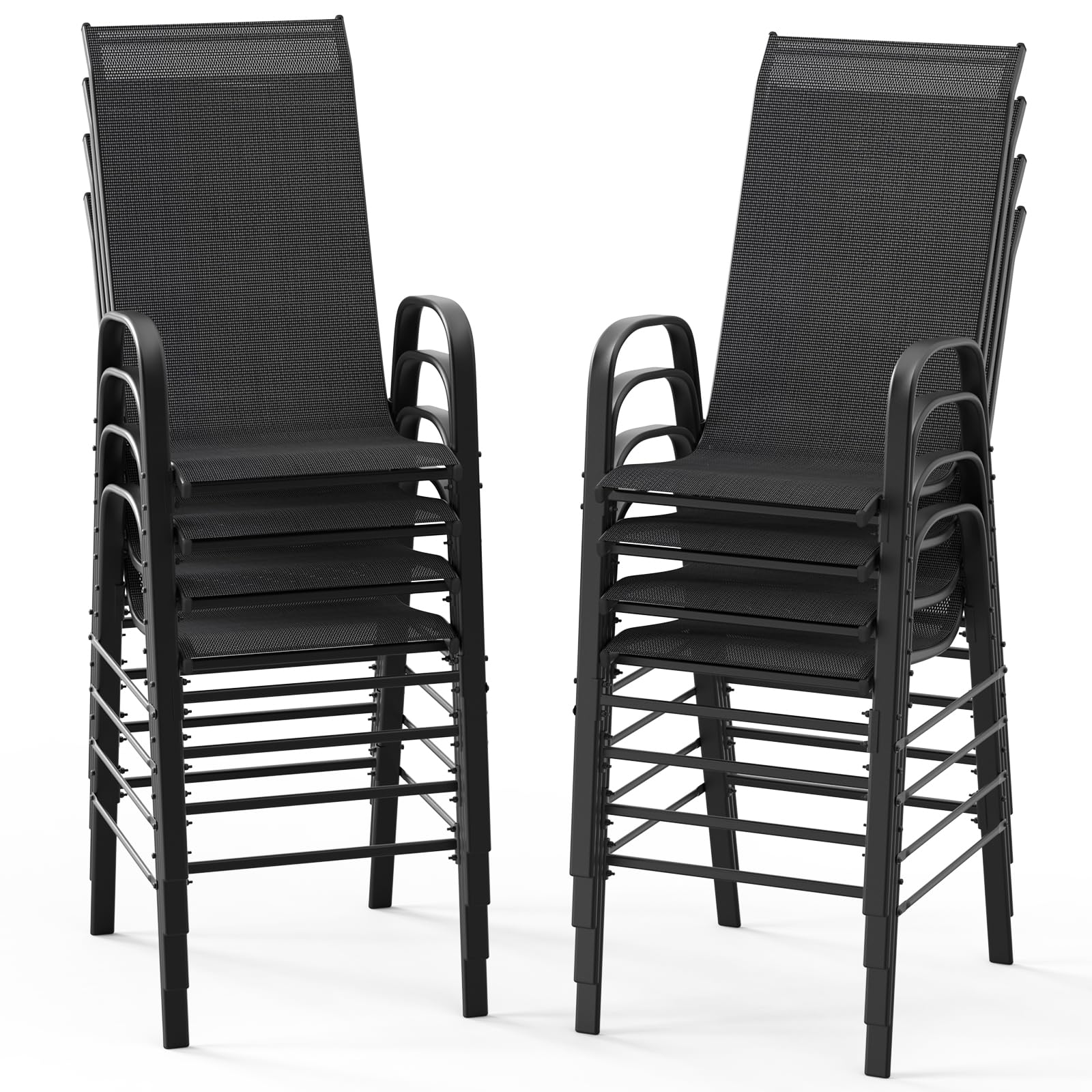 VINGLI Outdoor Bar Chairs Set of 8 – Stackable Outdoor Bar Stools with Sturdy Sling High Back and Armrests for Lawn, Courtyard, Garden, Bar, Black