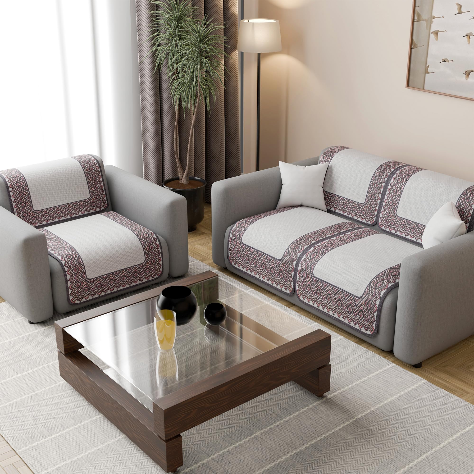 Kuber Industries 2+1 Seater Sofa Cover | Slipcover for Living Room | Thick & Cozy | Non-Slip Comfort Sofa Cover Set | Paradise Diamond 1372 - Cream & Purple
