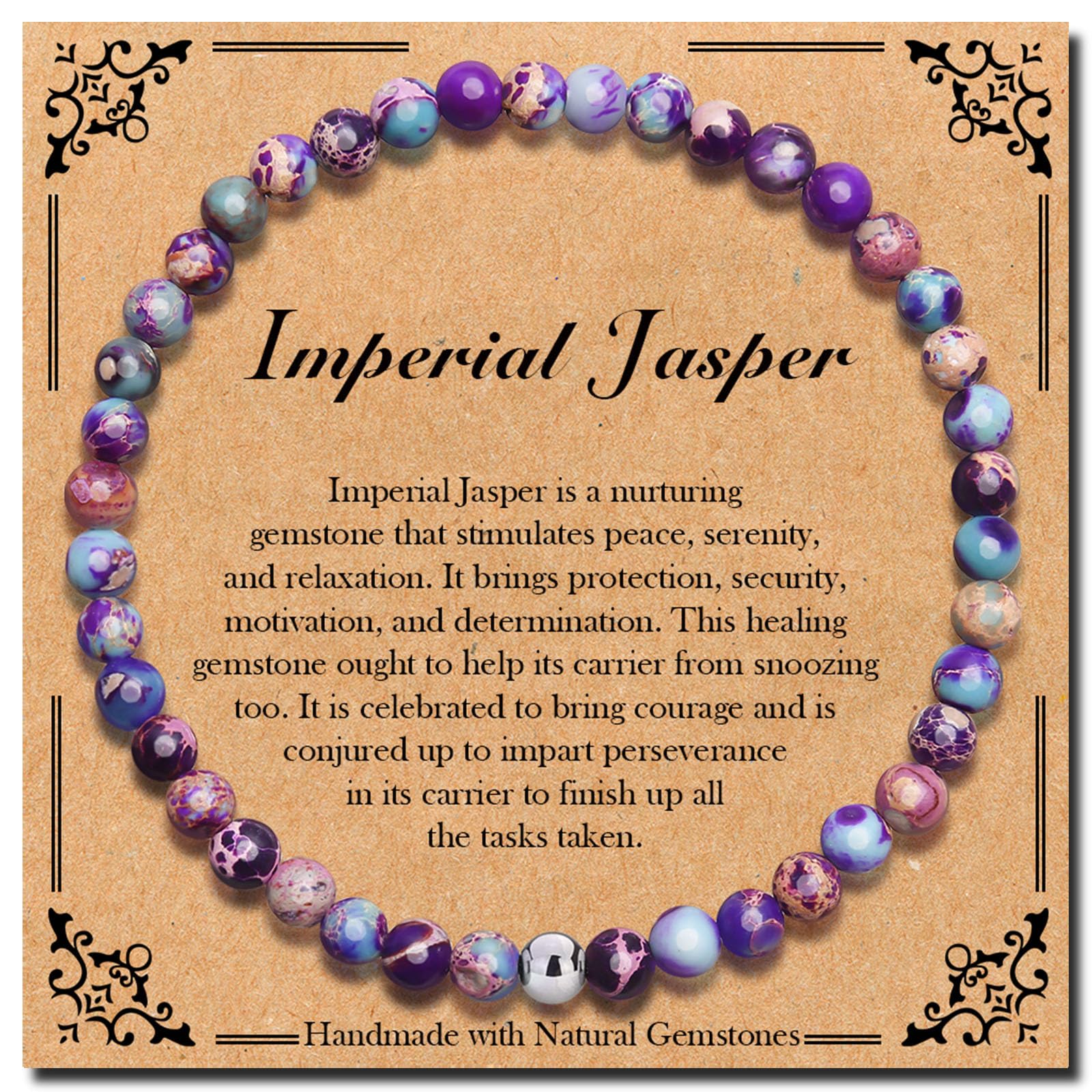 BONNY BOXXBONNY BOXX 4mm Natural Stretch Imperial Jasper Bracelet for Unisex, Handmade Elastic Healing Crystal Gemstone Bracelet Yoga Stress Relief Gift for Men Women