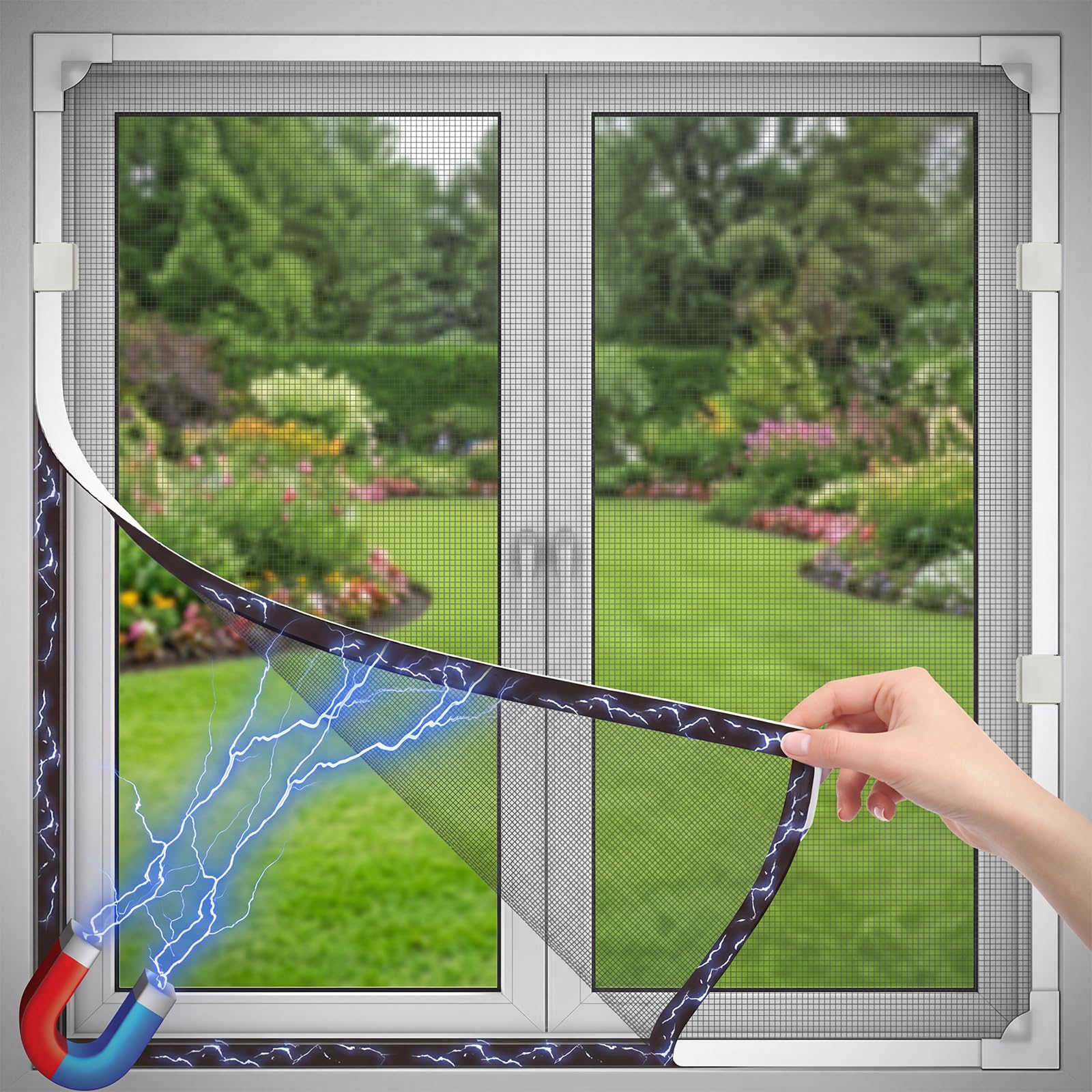 Magnetic Fly Screen Window Adjustable DIY Window Net Fits Up to 110x120cm, Fiberglass Mosquito Mesh Windows Keep Bug Flies Out, Full Frame Magnetic Strip Easy Install No Drilling