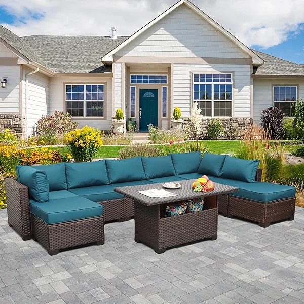 Lviden 9 Pieces Wicker Patio Furniture Set Outdoor PE Rattan Sectional Conversation Sofa Set with Peacock Blue Cushions and Storage Table