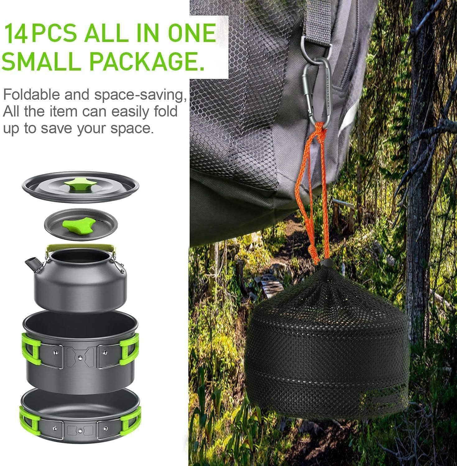 14PCS Kit de Utensilios Cocina Camping,Camping Kit de Portátil y Liviano Acero Inoxidable Cocina Camping Ollas y Sartenes para Acampada,Excursión,Escalada,Senderismo