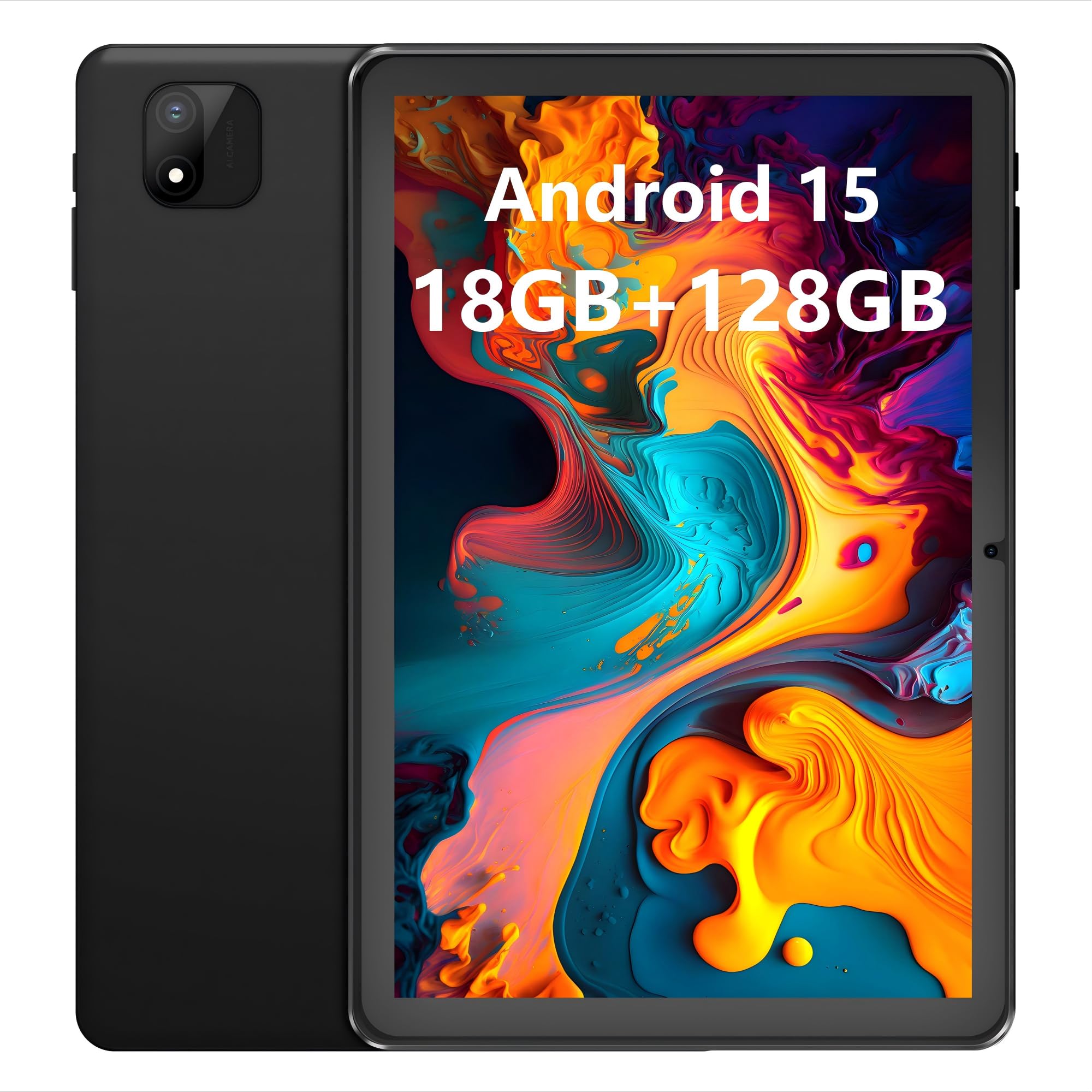 Tablet Android, 10.1 pulgadas Android 15 Tablets 18 (6+12 GB RAM 128GB ROM, 1280x800 IPS HD pantalla táctil, batería de 6000mAh, Bluetooth, cámara dual de 2MP+5MP, GMS, WiFi (negro)