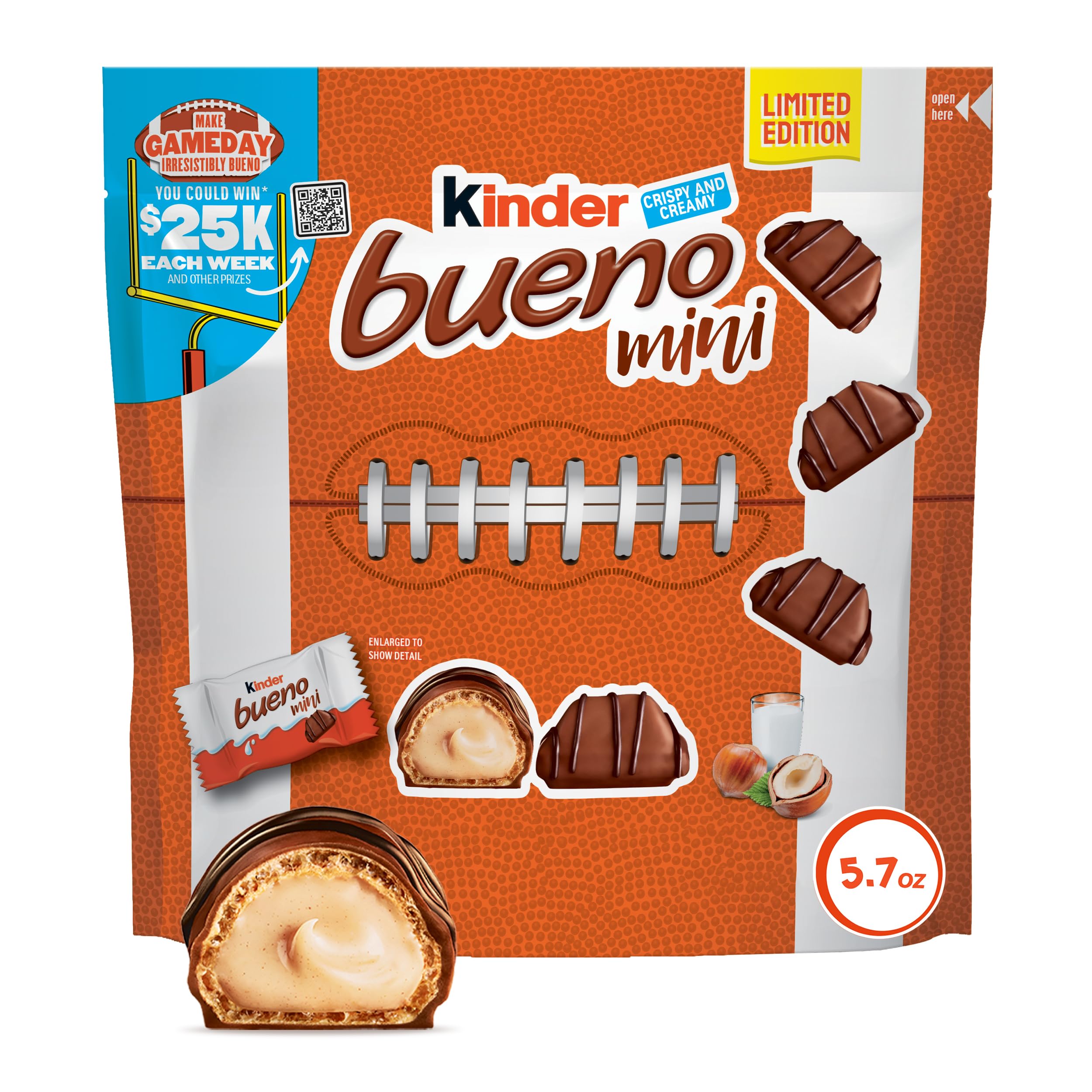 Kinder Bueno Mini Milk Chocolate Bars with Hazelnut Filling, Chocolate Candy Bars for Game Day, Football Party Supplies, Snacks for Adults, 5.7 oz
