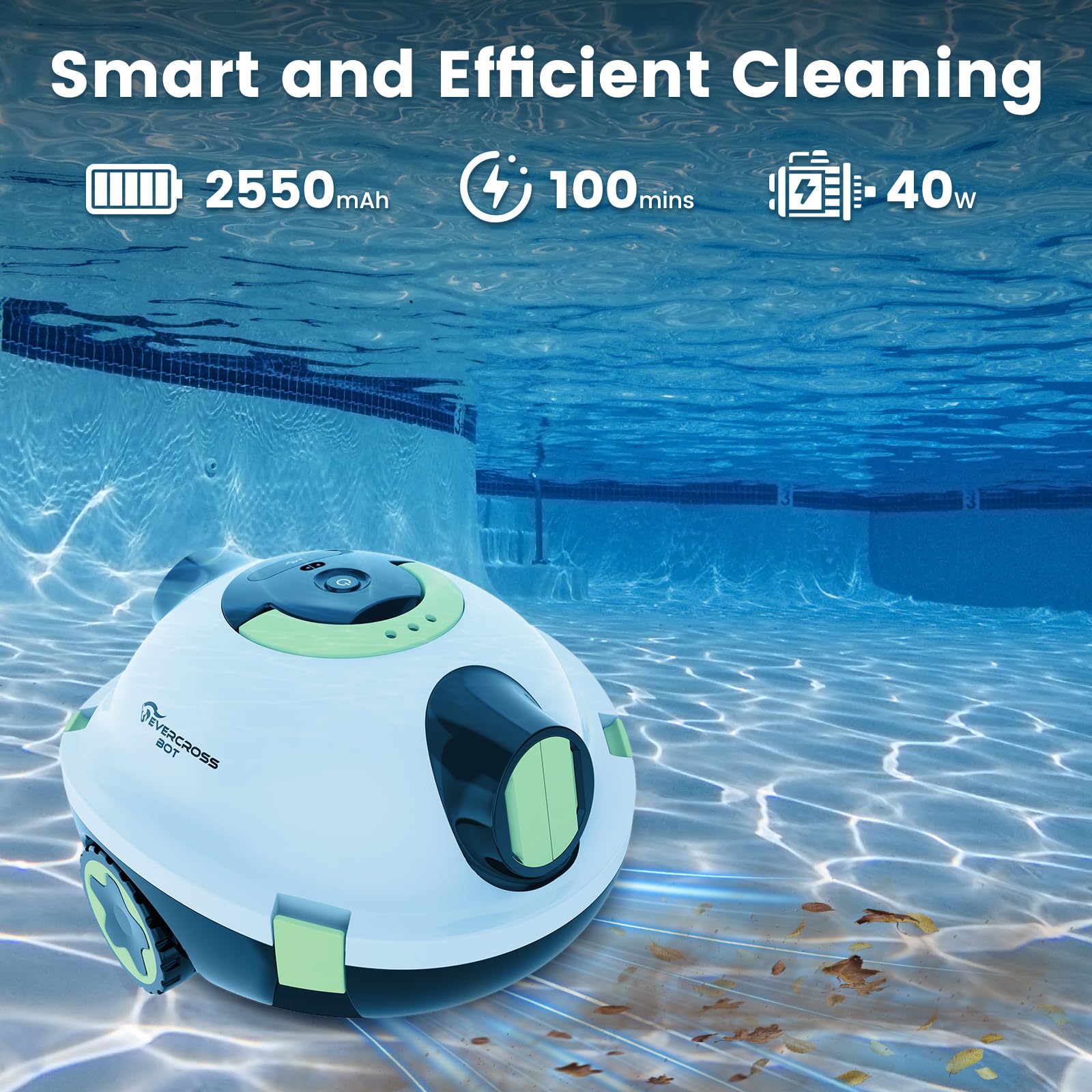 (Nuovo 2026) EVERCROSS BOT Robot Limpiafondos Piscina sin Cable - 100 Min Autonomía, Limpiador Automático de Fondo, Doble Motor 40W para Piscinas hasta 120㎡, Filtro 180μm, Depósito 3L, IPX8 (Blanco)