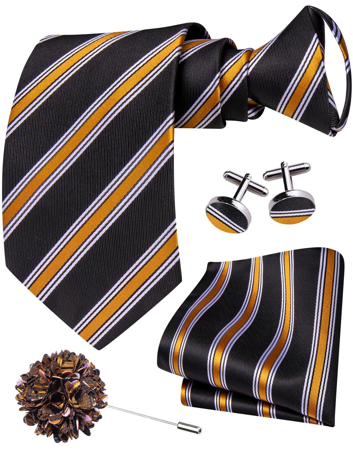 Hi-Tie Zipper Ties for Men Pre-tied Tie Set Lapel Pin Pocket Square and Cufflinks Formal Business Wedding Adjustable Necktie