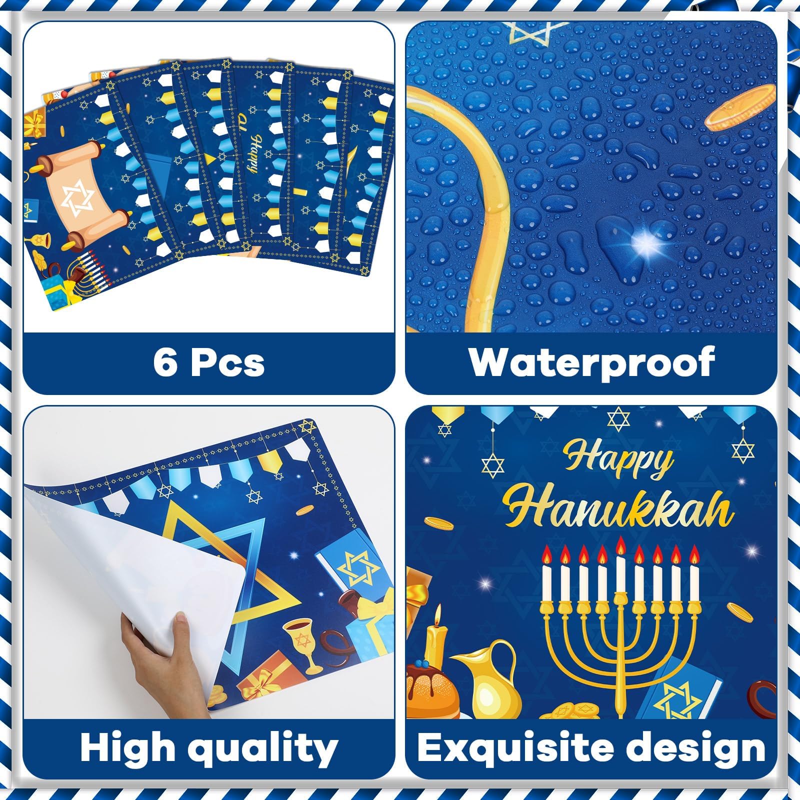Hanukkah - Juego de 6 manteles individuales de plástico reciclables, lavables, decoración de mesa de vacaciones para interiores y exteriores, fiesta de Hanukkah, cocina, mesa de comedor