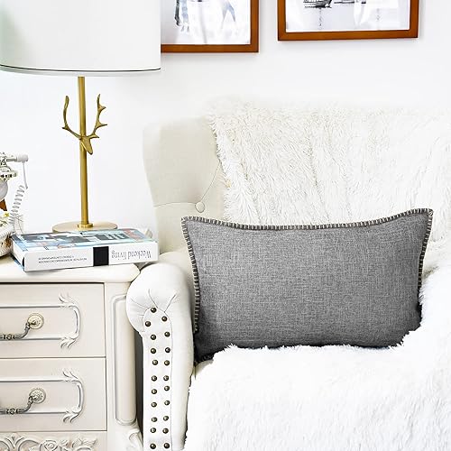 Miniatura 9 de CaliTime Juego de 2 fundas de almohada de algodón con bordes cosidos de hilo de algodón, 2 tonos, de lino rústico, para sofá, decoración del hogar,