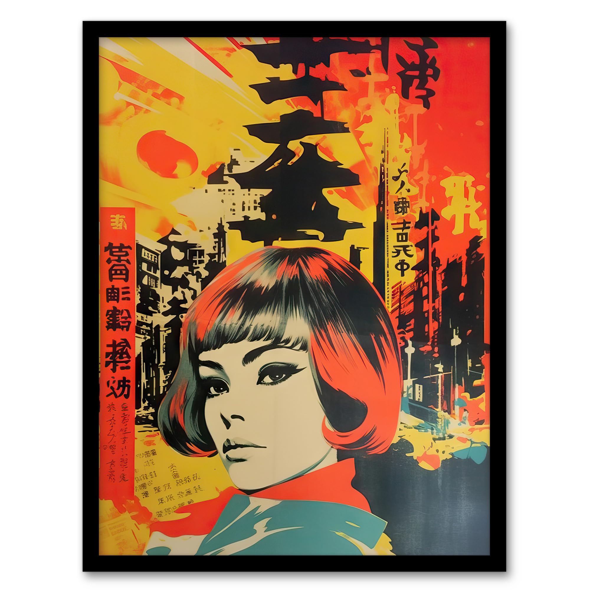 Artery8 Tokyo Abstract 1960's Collage Orange And Yellow Woman Portrait Vibrant Bold Bright Colourful Painting Artwork Framed Wall Art Print A4