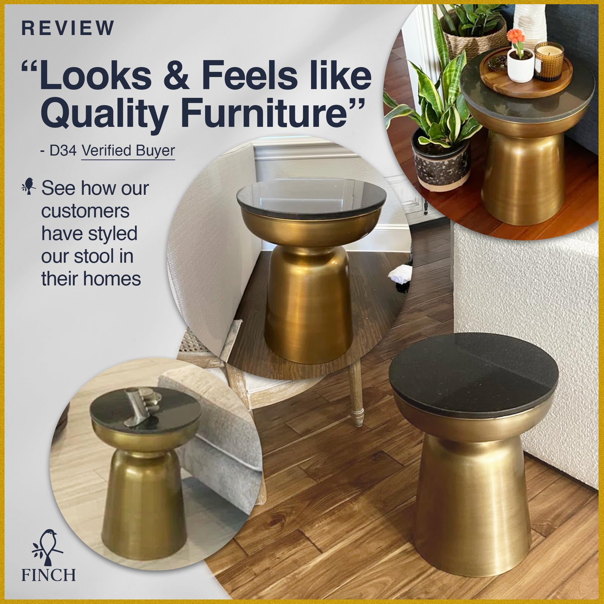 Finch Adler Metal Accent Side Table, 16" Natural Granite Top, Brushed Brass Base, Hourglass Shape, Modern EndTable, BedsideTable or Nightstand for Living Room or Bedroom